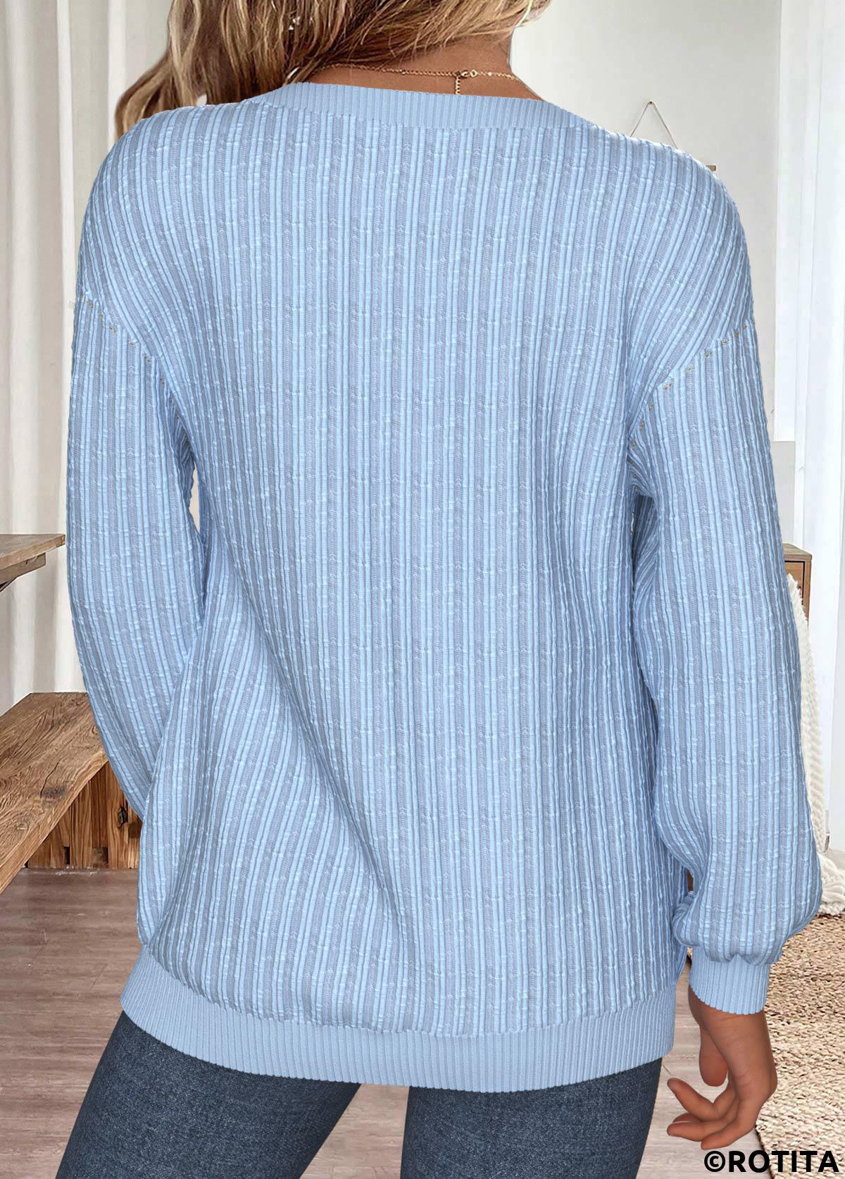 Blue tops,Plain Color tops,ROTITA Tummy Coverage Blue Round Neck Long Sleeve Sweatshirt