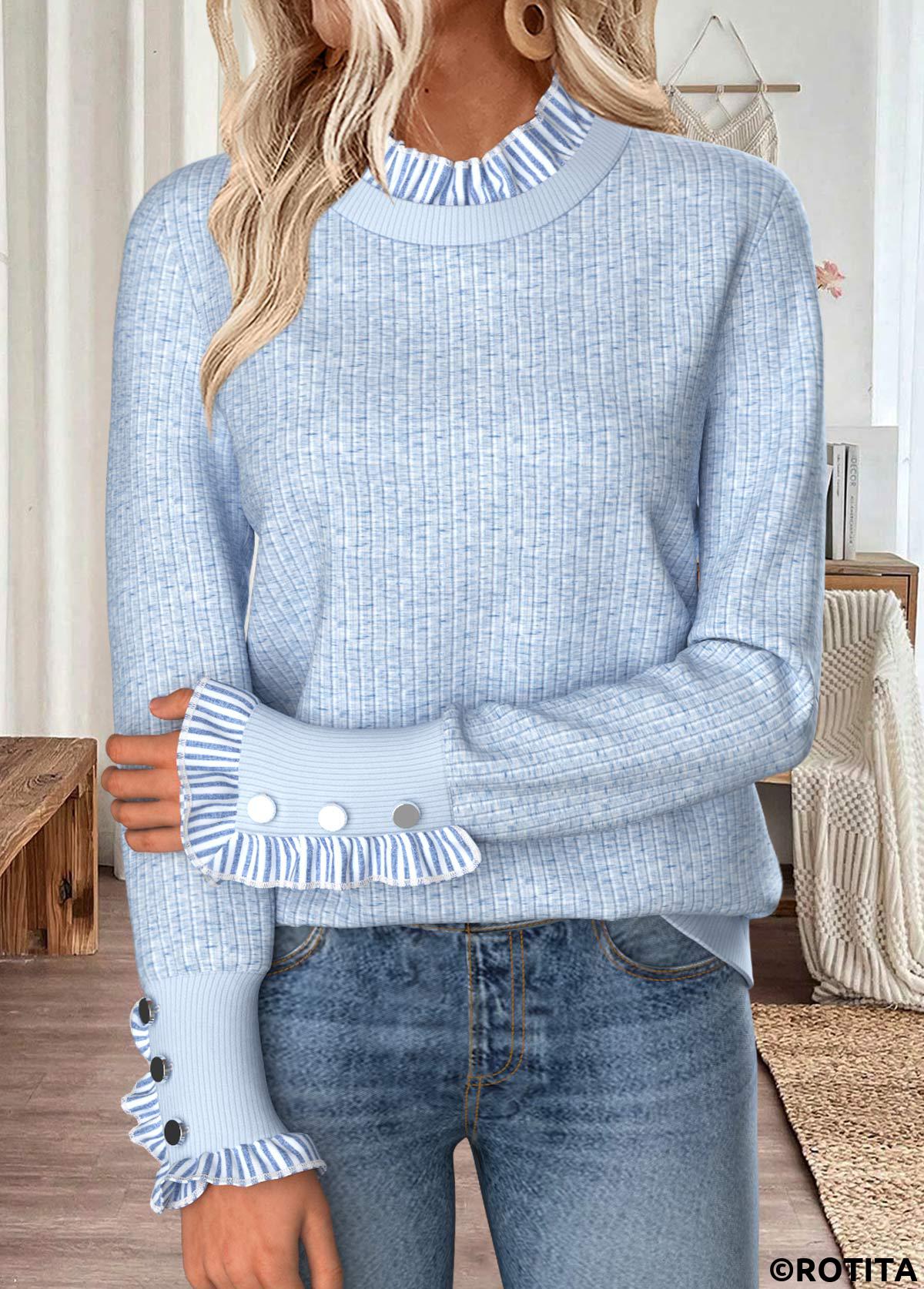 Light Blue tops,Striped tops,Geometric tops,ROTITA Curved Hem Striped Light Blue Round Neck Sweatshirt