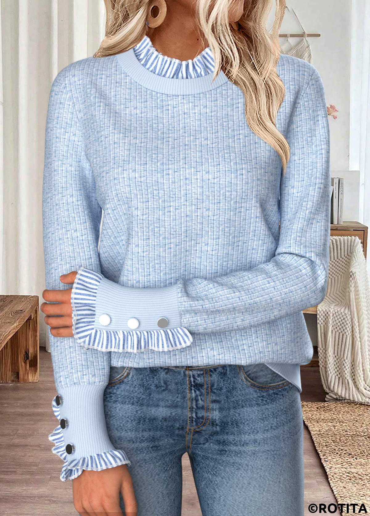 Light Blue tops,Striped tops,Geometric tops,ROTITA Curved Hem Striped Light Blue Round Neck Sweatshirt