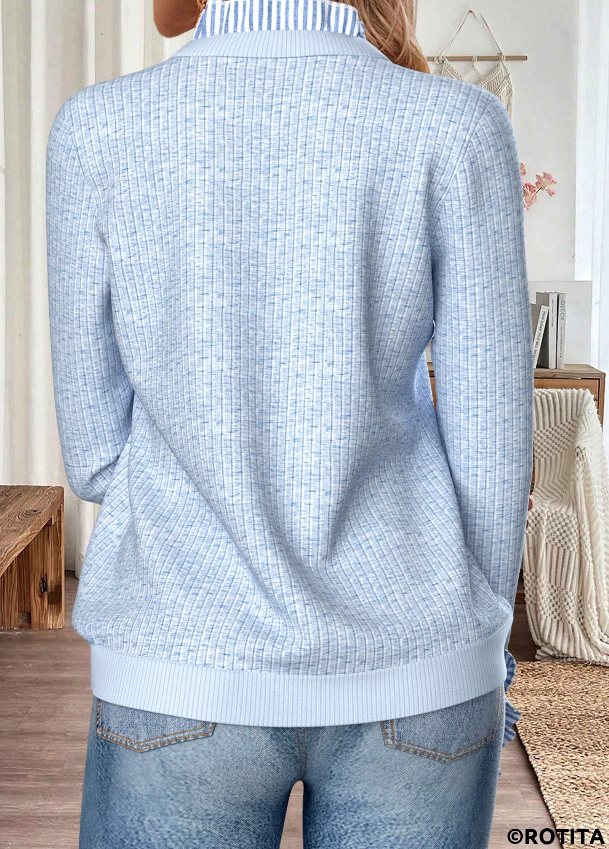 Light Blue tops,Striped tops,Geometric tops,ROTITA Curved Hem Striped Light Blue Round Neck Sweatshirt