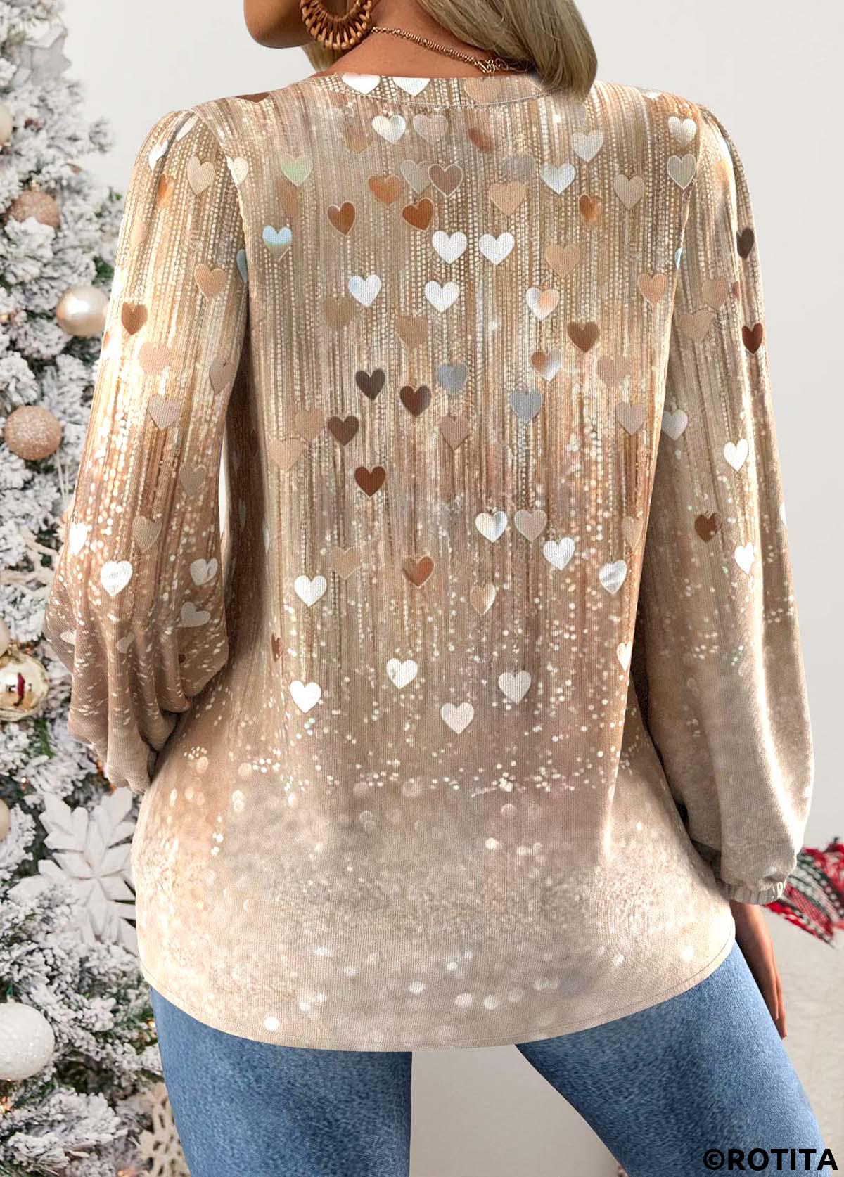 Skin Color tops,Heart tops,ROTITA Curved Hem Heart Print Skin Color V Neck Blouse