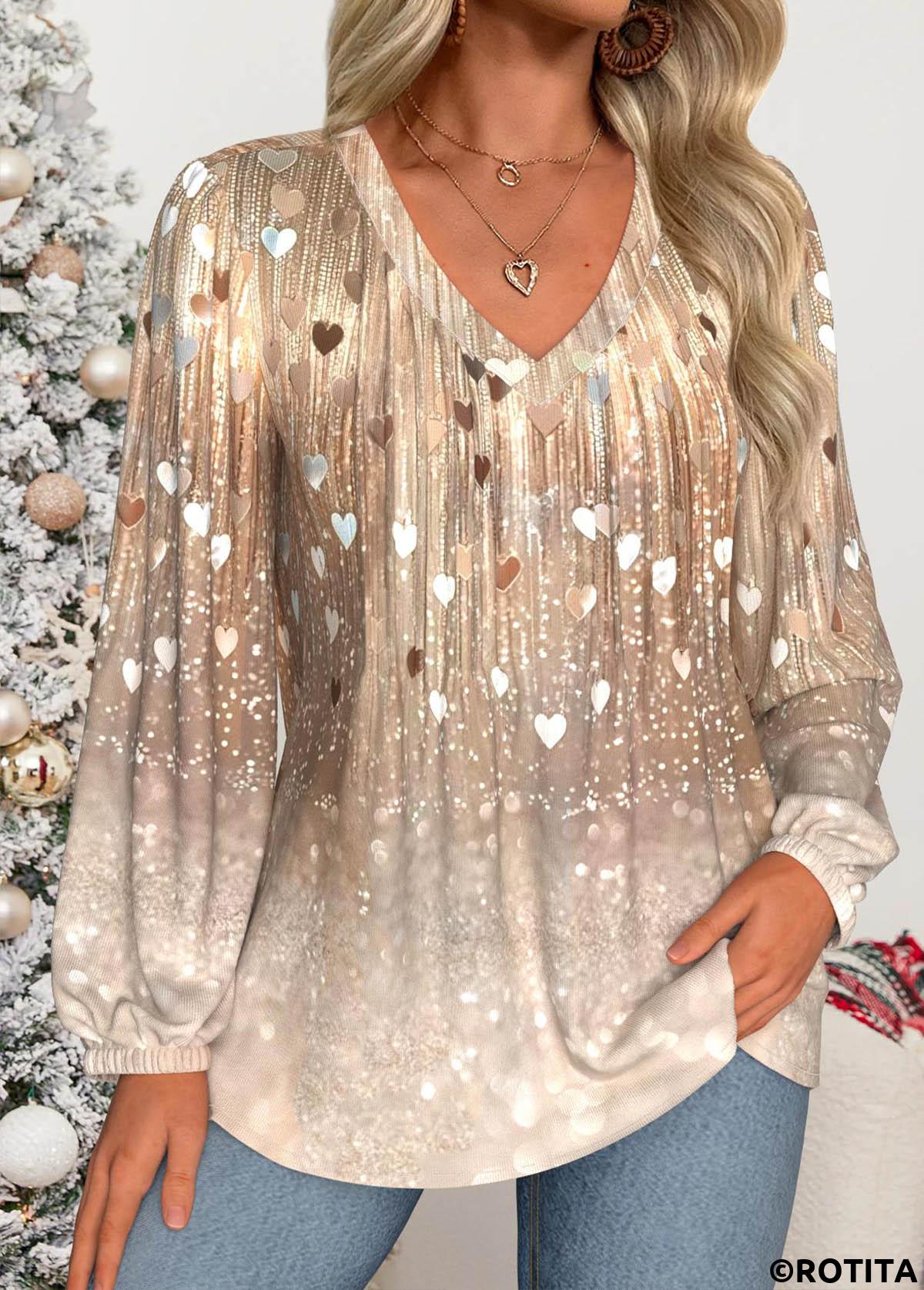 Skin Color tops,Heart tops,ROTITA Curved Hem Heart Print Skin Color V Neck Blouse