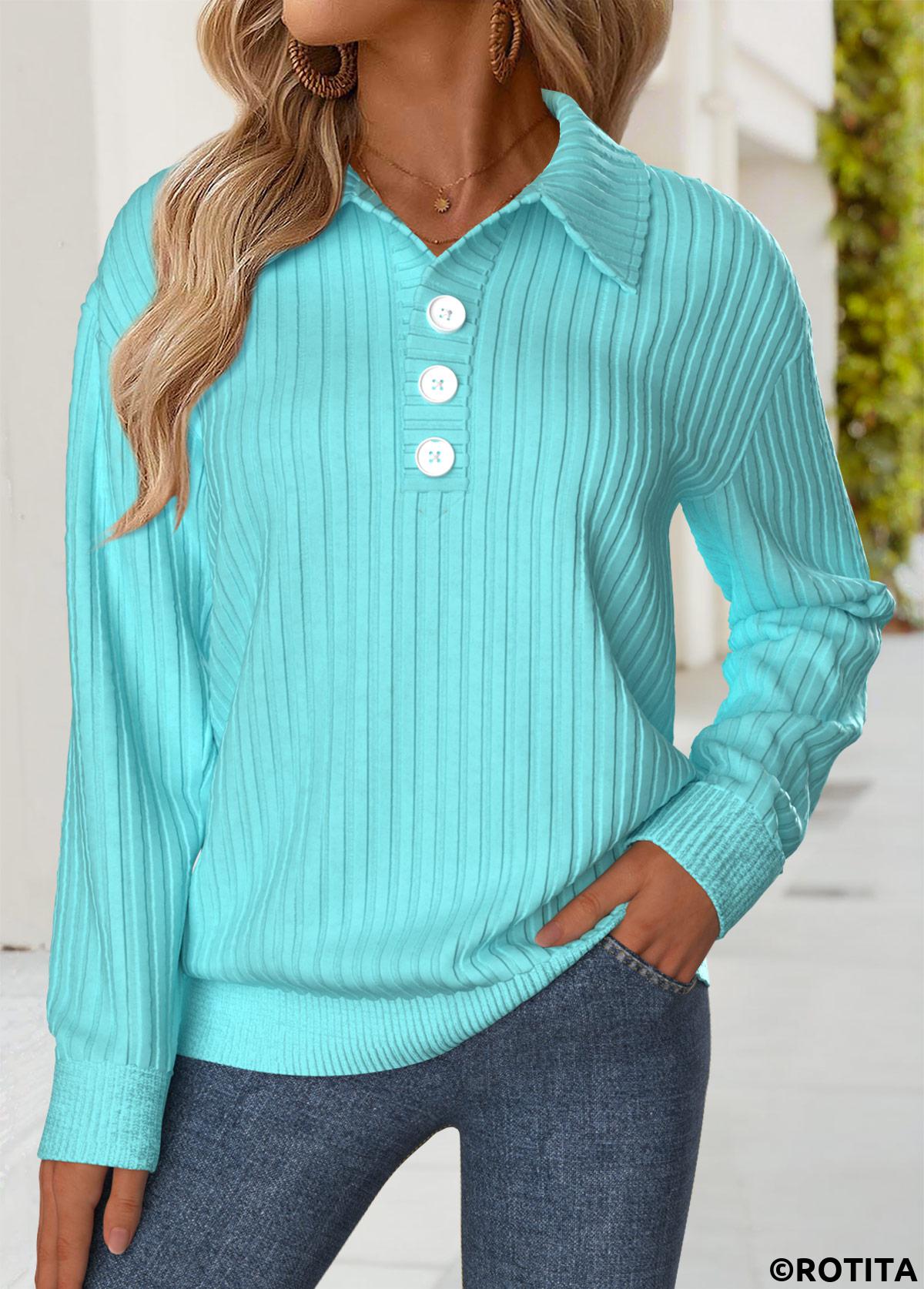Cyan tops,Plain Color tops,ROTITA Tummy Coverage Cyan Turn Down Collar Long Sleeve Sweatshirt