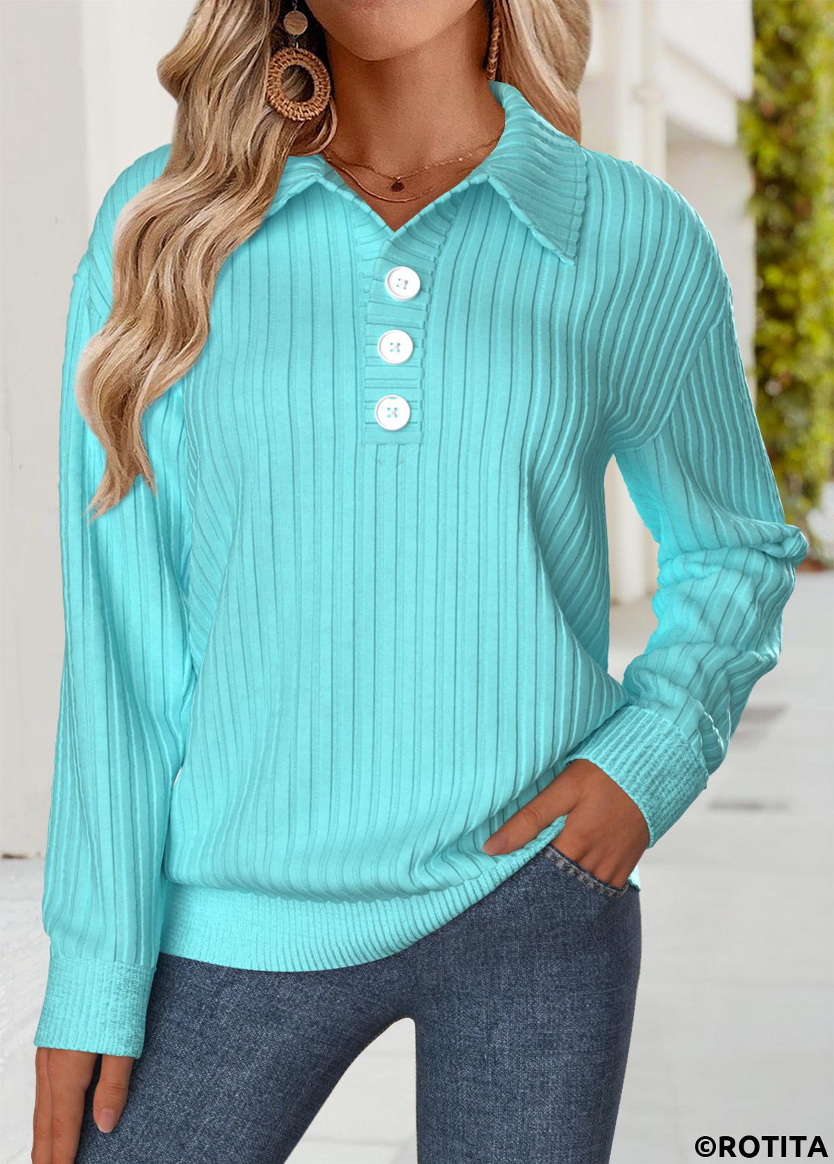Cyan tops,Plain Color tops,ROTITA Tummy Coverage Cyan Turn Down Collar Long Sleeve Sweatshirt