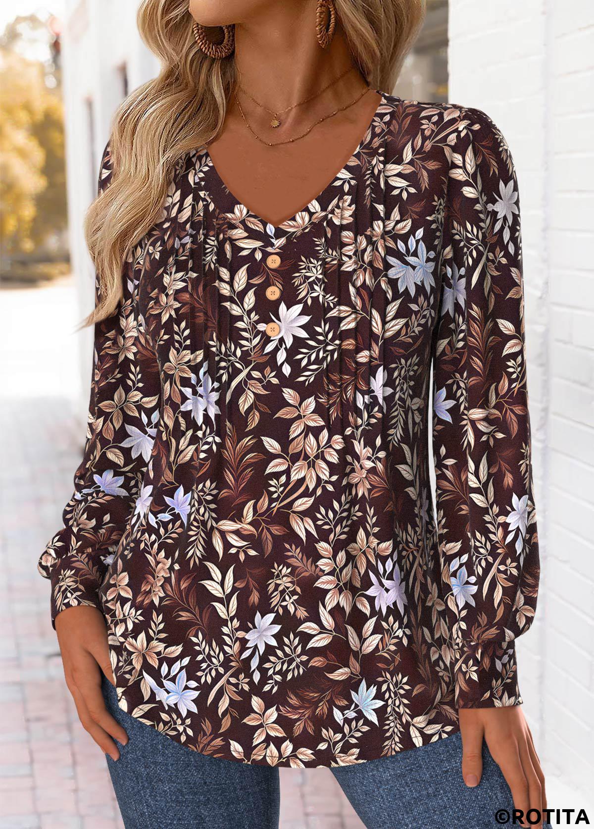 Dark Coffee tops,Plants tops,Floral tops,ROTITA Tuck Stitch Random Floral Print Dark Coffee T Shirt