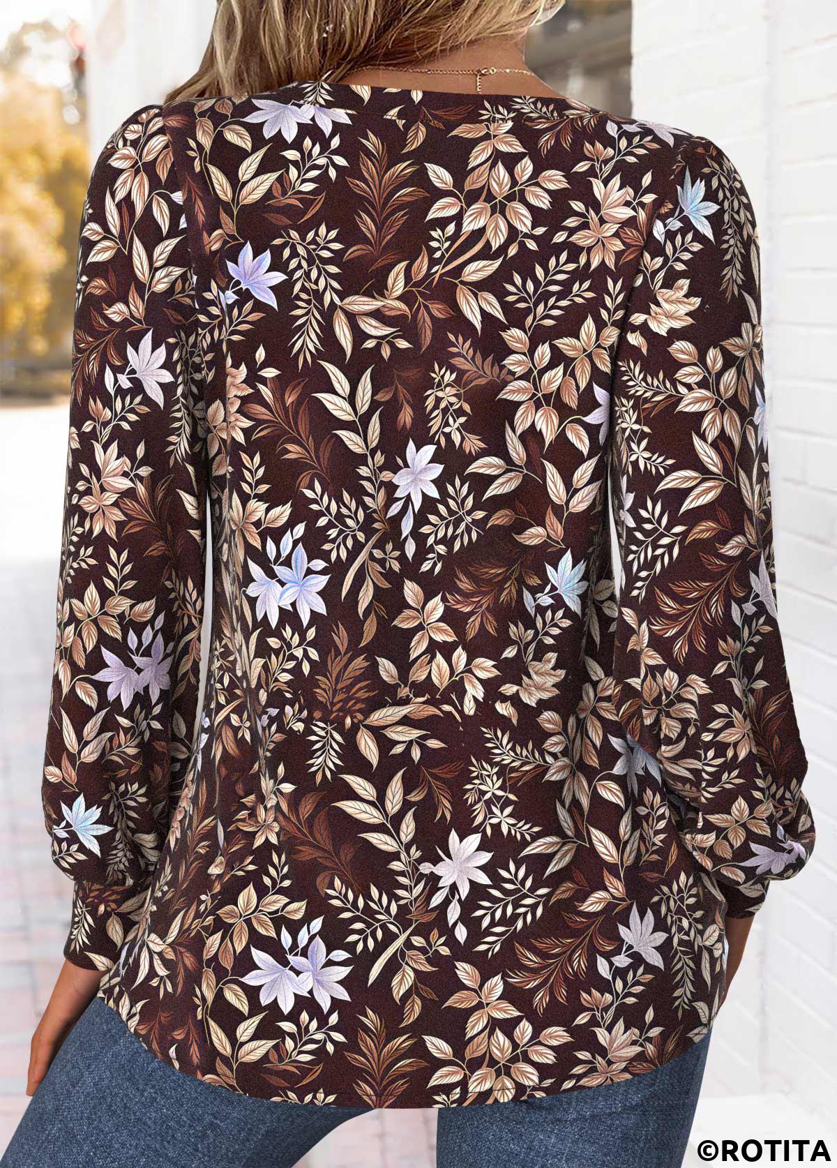 Dark Coffee tops,Plants tops,Floral tops,ROTITA Tuck Stitch Random Floral Print Dark Coffee T Shirt