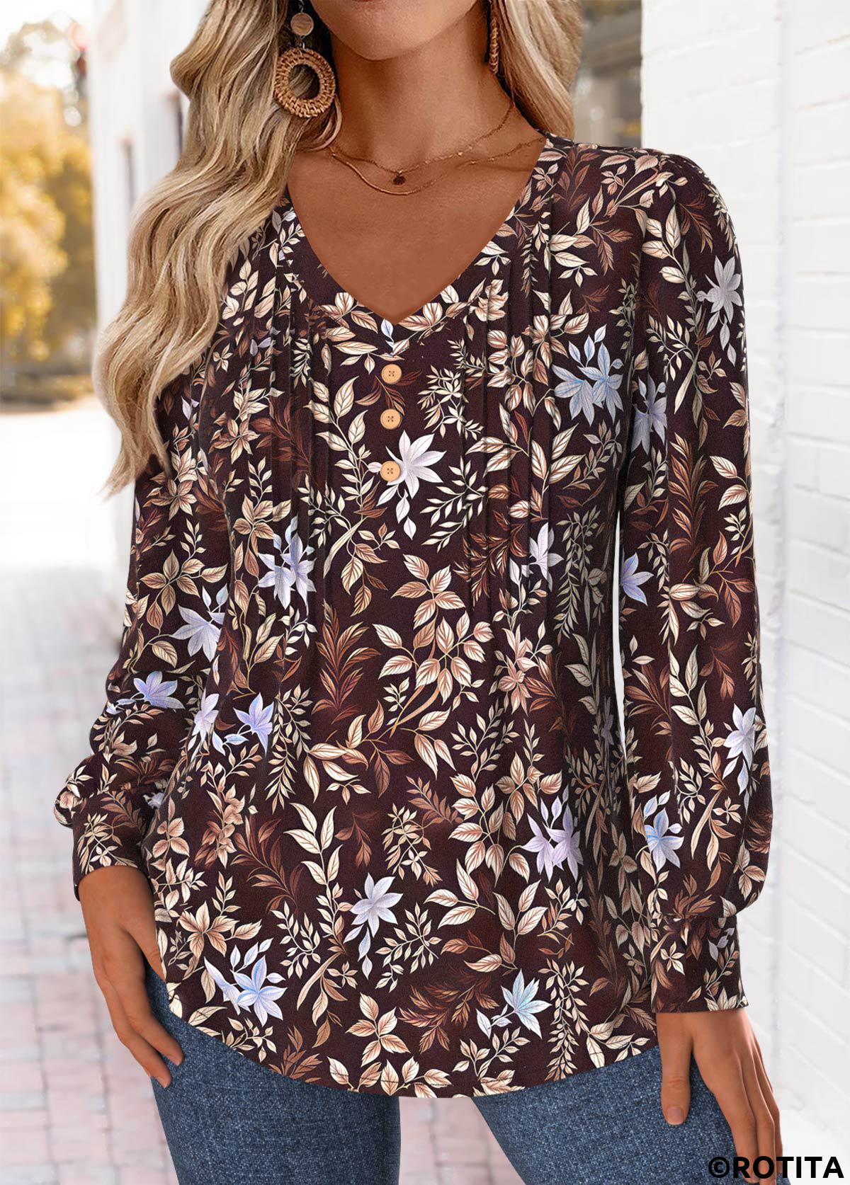 Dark Coffee tops,Plants tops,Floral tops,ROTITA Tuck Stitch Random Floral Print Dark Coffee T Shirt