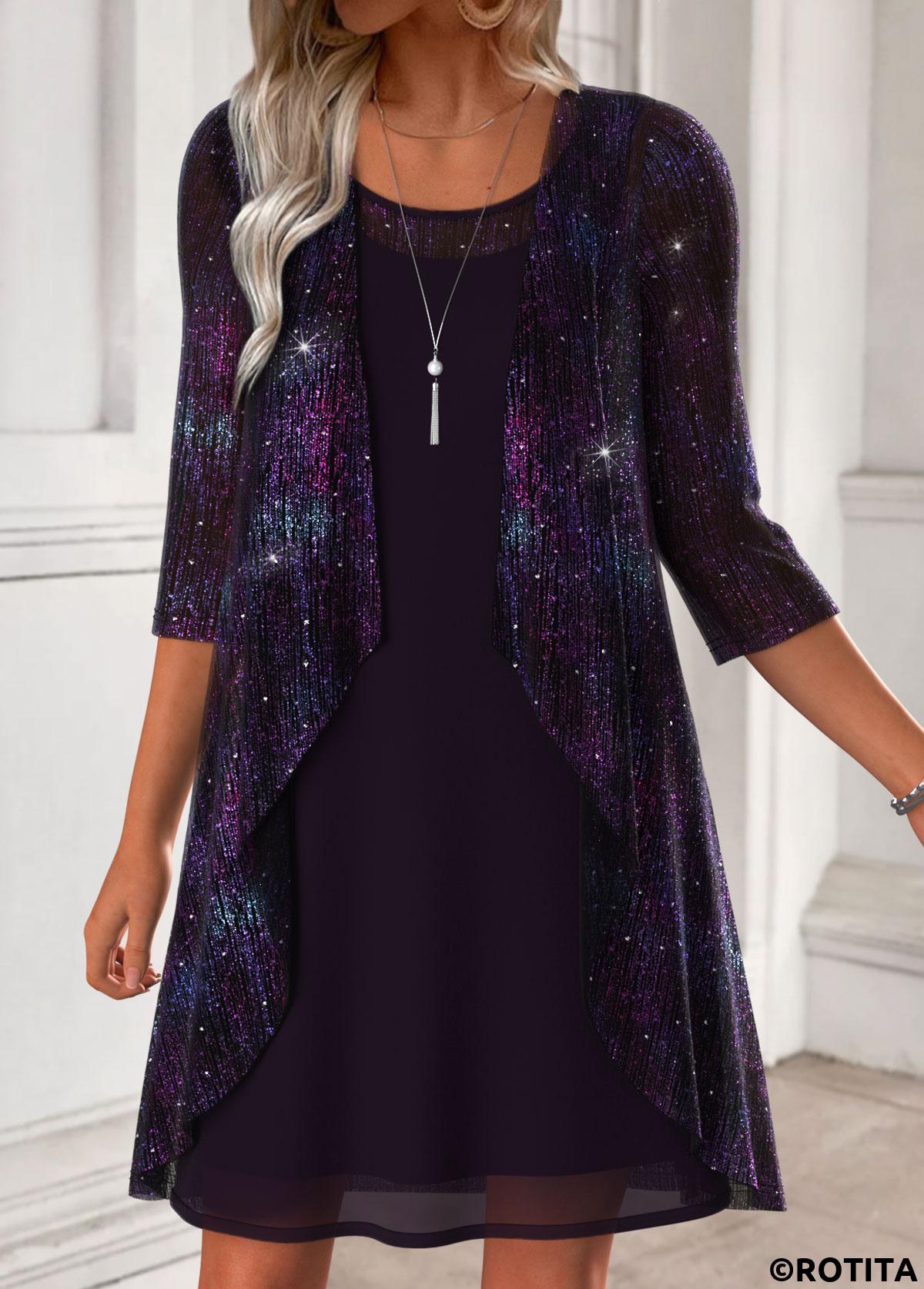 Dark Purple dresses,Plain Color dresses,Casual dresses,ROTITA Tummy Coverage Dark Purple Round Neck Dress and Cardigan