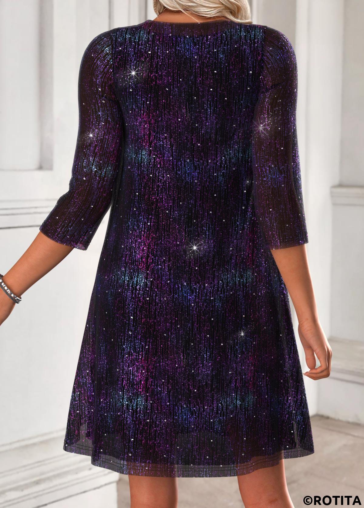 Dark Purple dresses,Plain Color dresses,Casual dresses,ROTITA Tummy Coverage Dark Purple Round Neck Dress and Cardigan