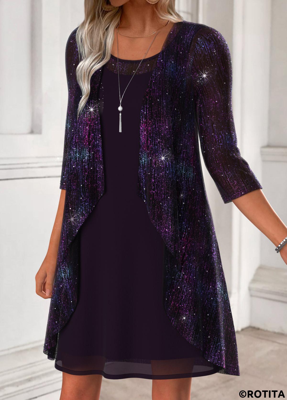 Dark Purple dresses,Plain Color dresses,Casual dresses,ROTITA Tummy Coverage Dark Purple Round Neck Dress and Cardigan
