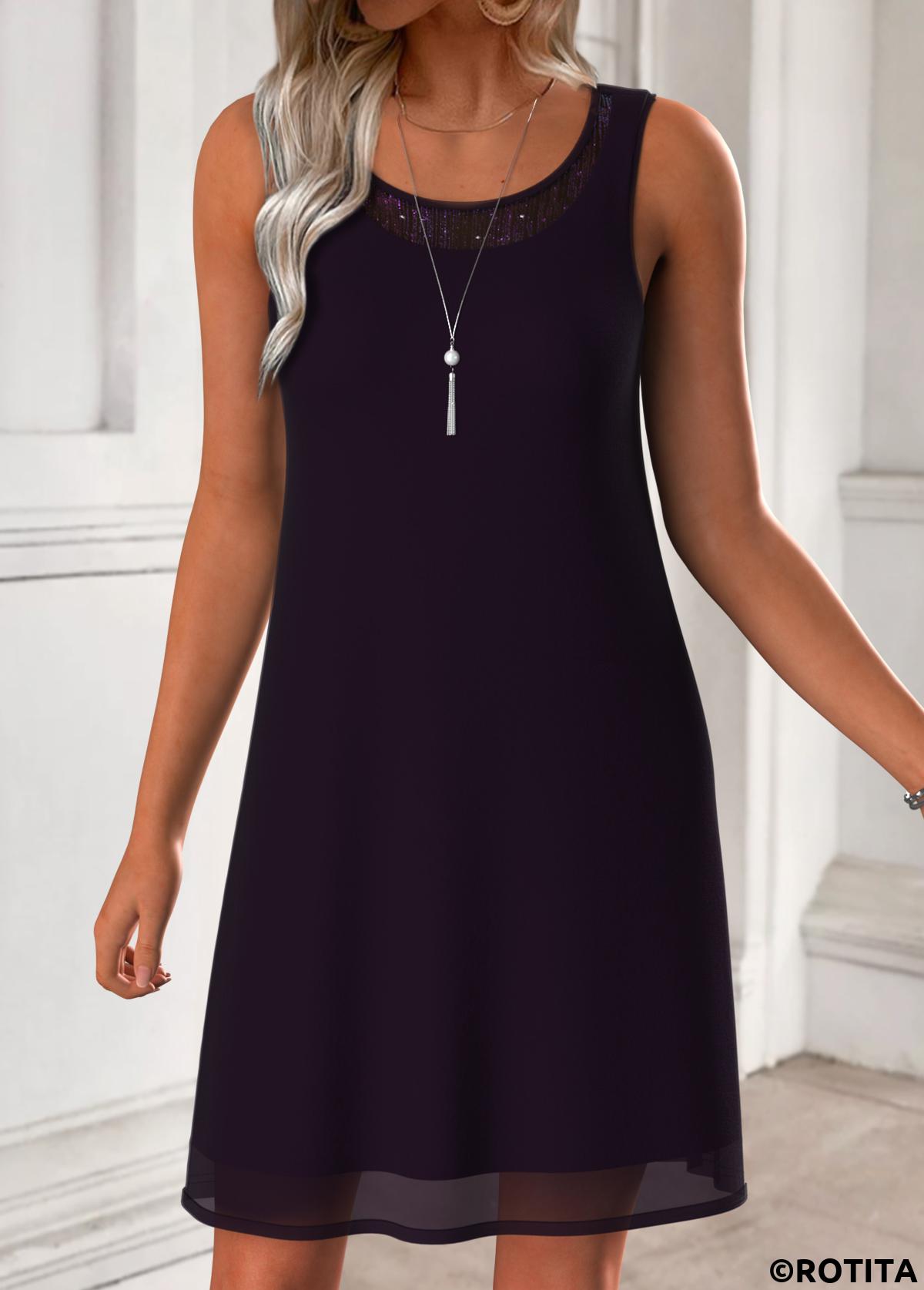Dark Purple dresses,Plain Color dresses,Casual dresses,ROTITA Tummy Coverage Dark Purple Round Neck Dress and Cardigan