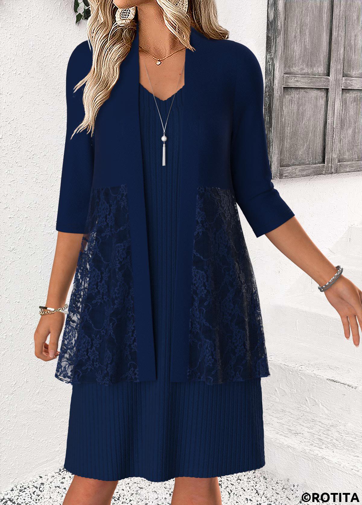 Navy dresses,Plain Color dresses,Everyday dresses,Casual dresses,ROTITA Tummy Coverage Navy Round Neck Dress and Cardigan