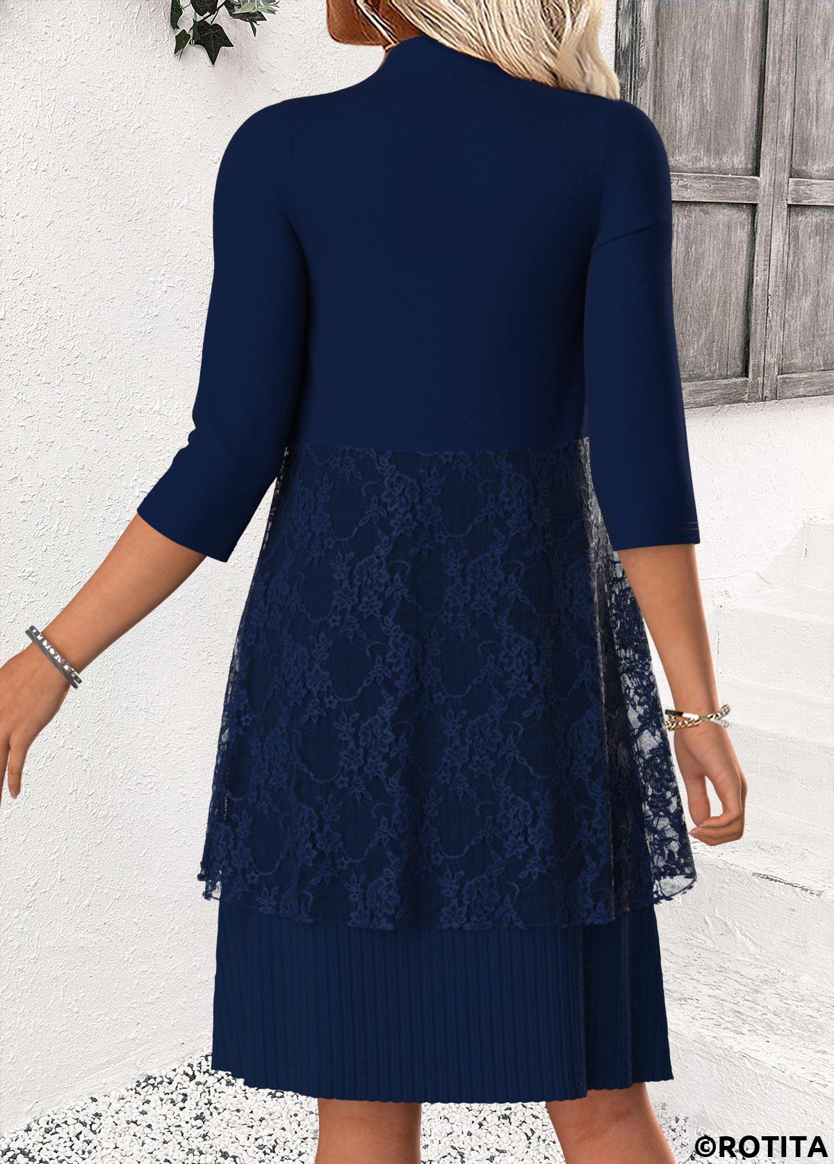 Navy dresses,Plain Color dresses,Everyday dresses,Casual dresses,ROTITA Tummy Coverage Navy Round Neck Dress and Cardigan