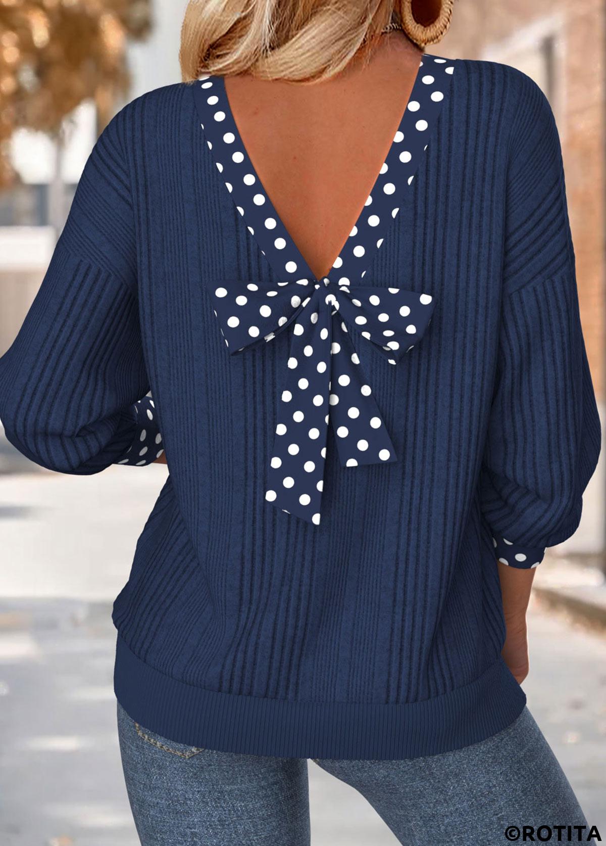 Navy tops,Dot tops,ROTITA Tummy Coverage Polka Dot Navy V Neck Sweatshirt