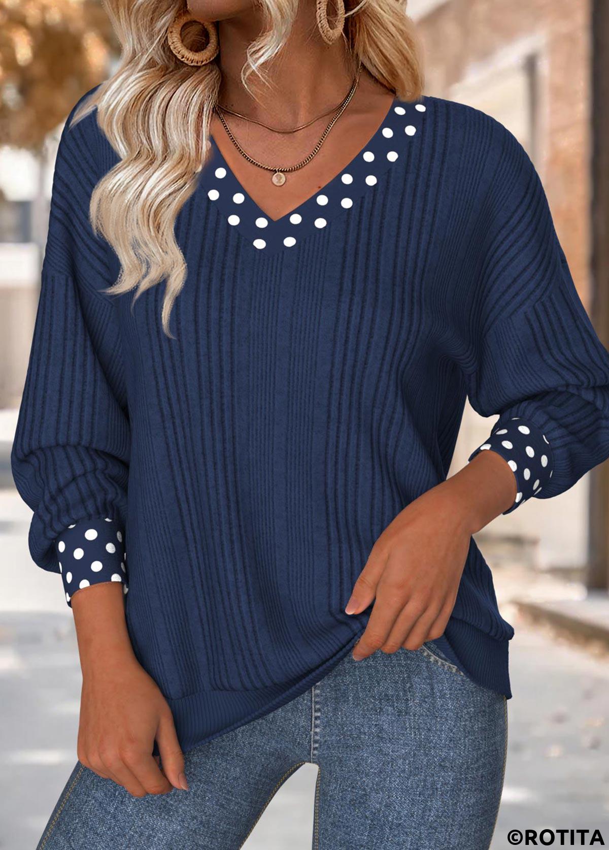 Navy tops,Dot tops,ROTITA Tummy Coverage Polka Dot Navy V Neck Sweatshirt