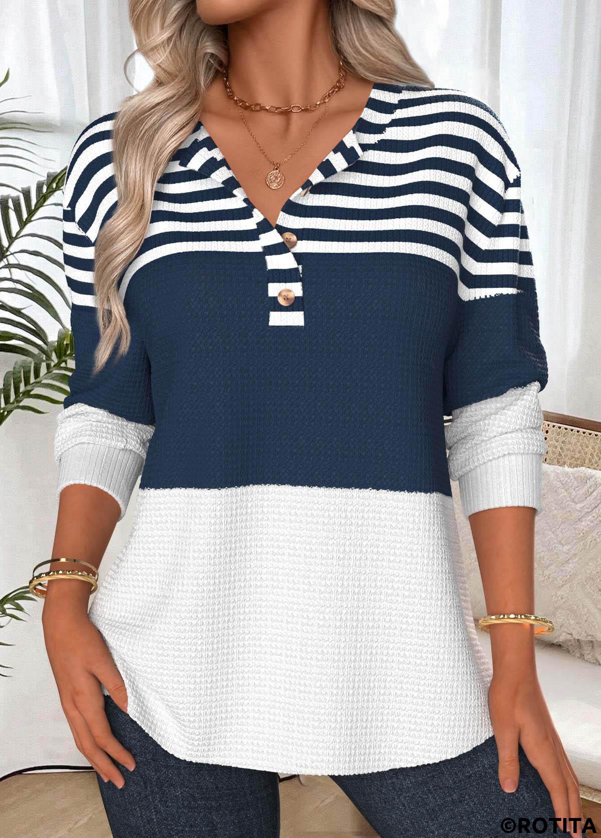 Navy tops,Striped tops,Geometric tops,ROTITA Tummy Coverage Striped Navy Split Neck Long Sleeve Sweatshirt
