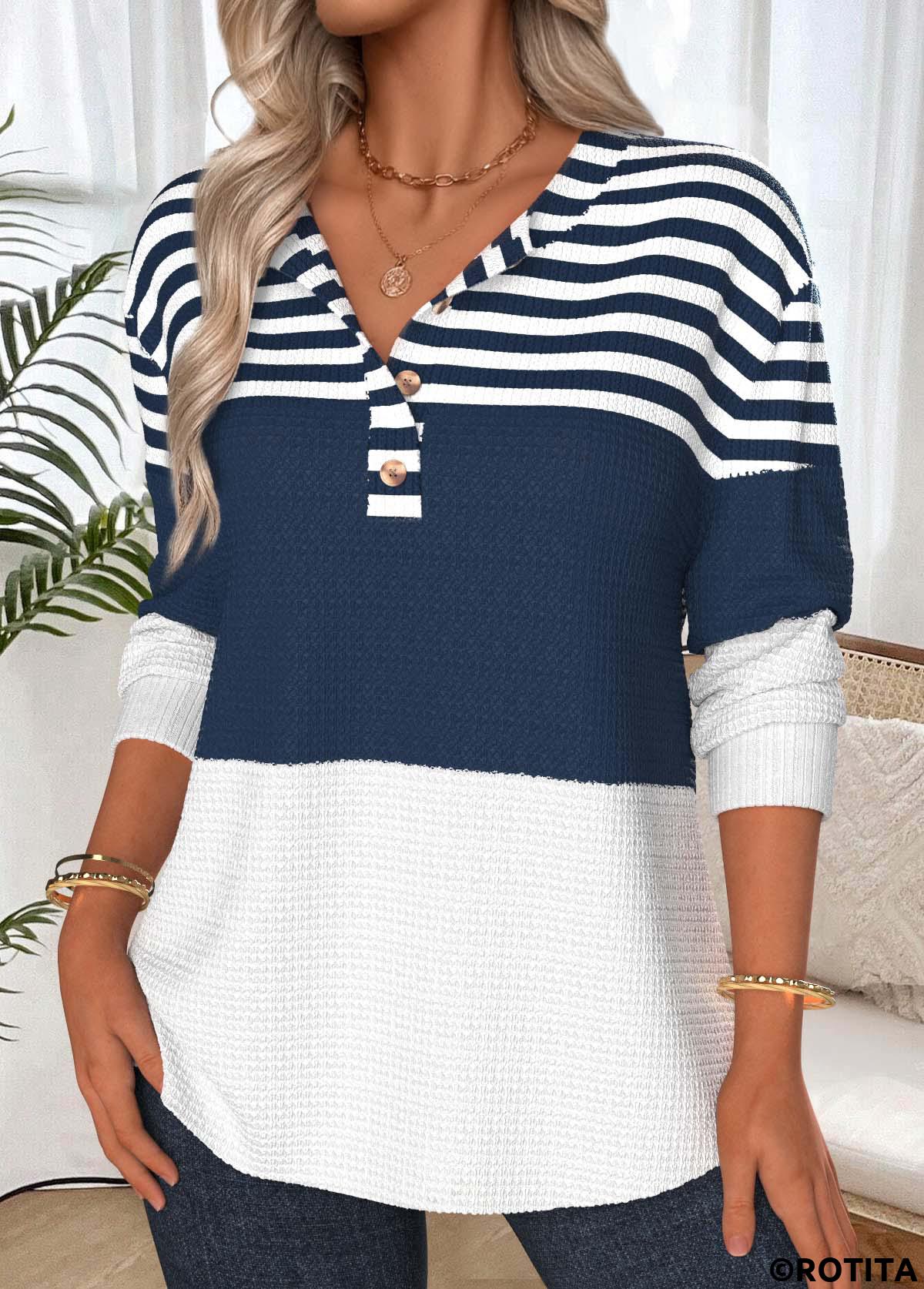 Navy tops,Striped tops,Geometric tops,ROTITA Tummy Coverage Striped Navy Split Neck Long Sleeve Sweatshirt