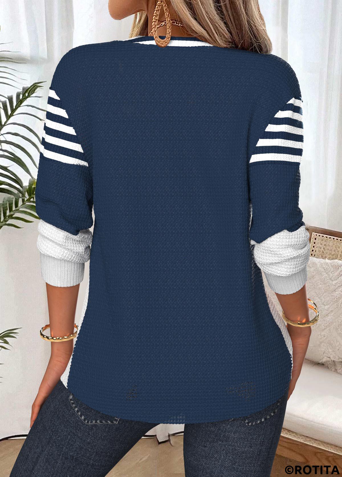 Navy tops,Striped tops,Geometric tops,ROTITA Tummy Coverage Striped Navy Split Neck Long Sleeve Sweatshirt