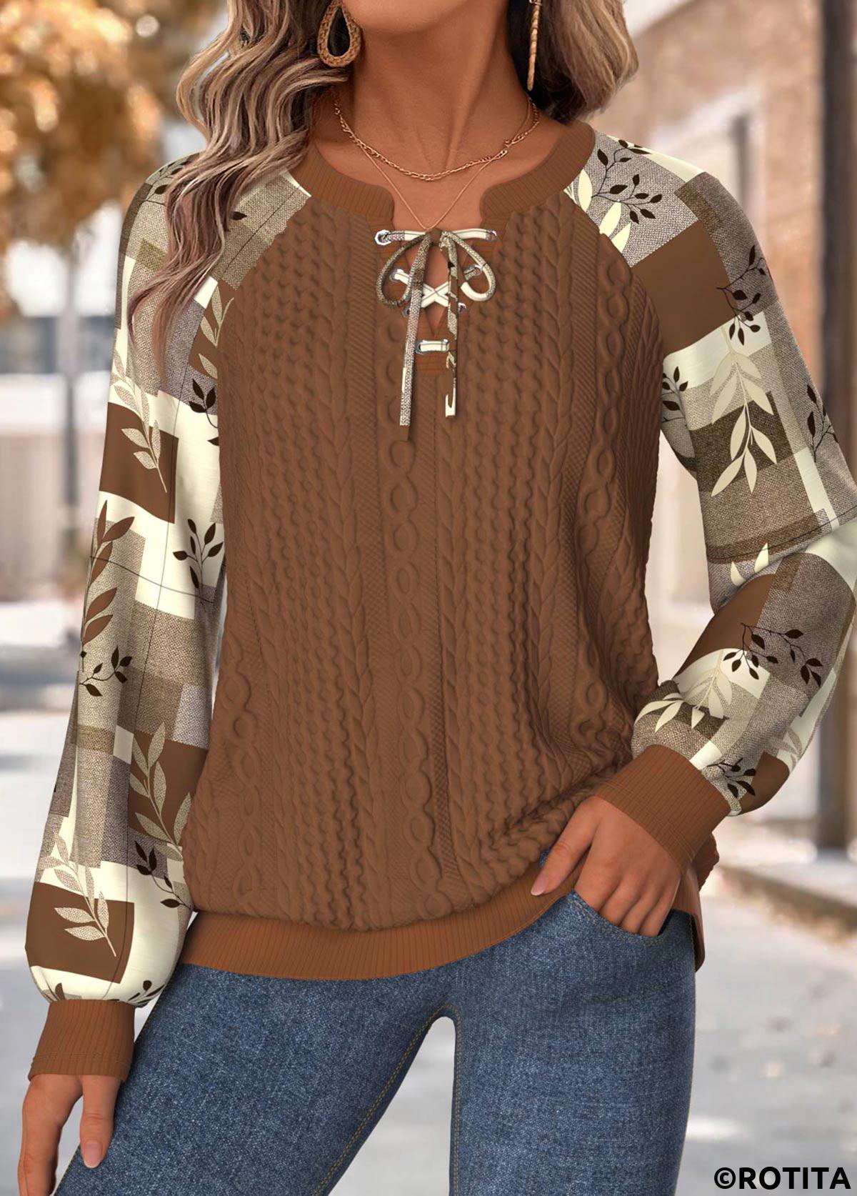 Dark Coffee tops,Plaid tops,Geometric tops,ROTITA Tummy Coverage Plaid Dark Coffee Split Neck Sweatshirt