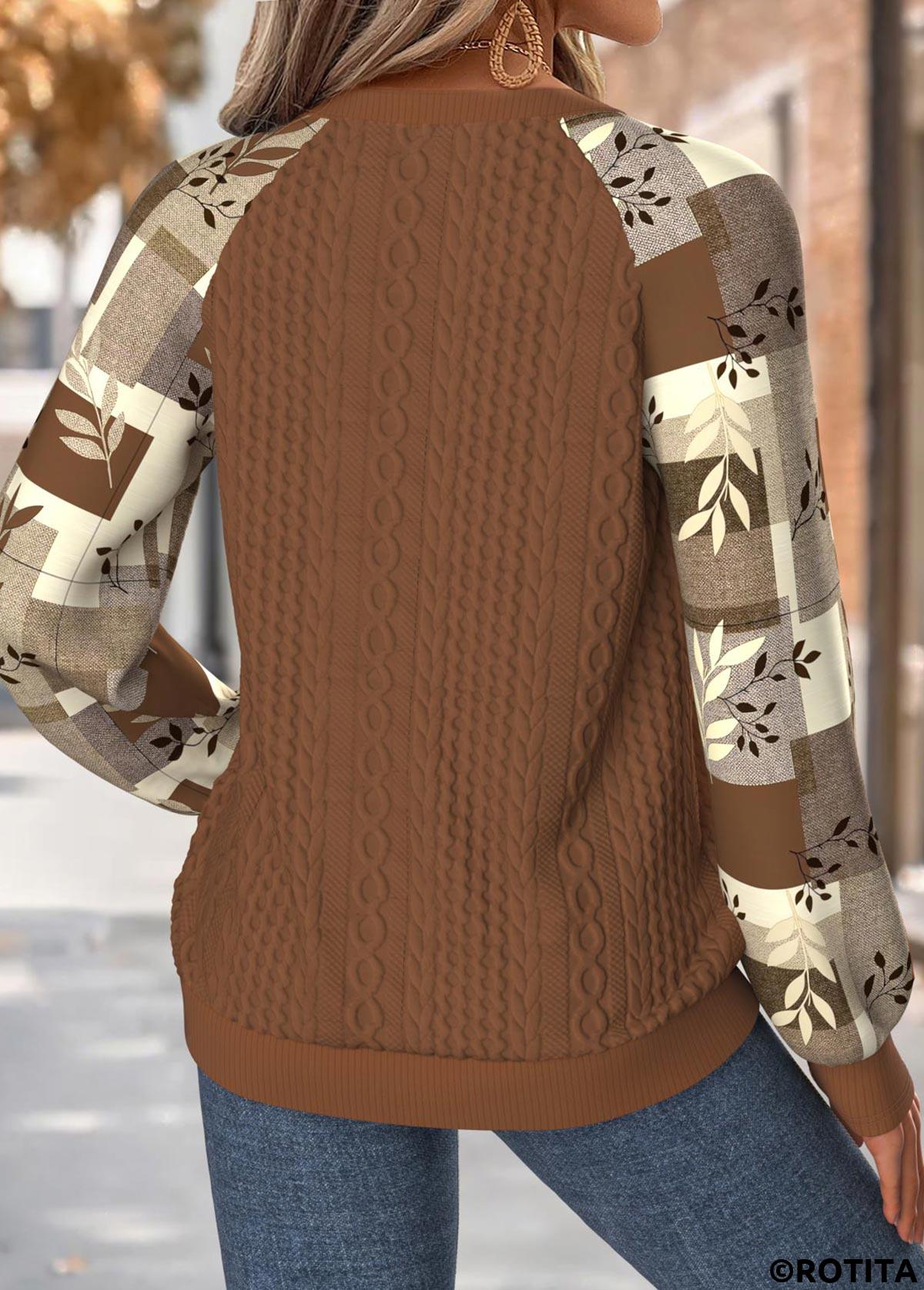 Dark Coffee tops,Plaid tops,Geometric tops,ROTITA Tummy Coverage Plaid Dark Coffee Split Neck Sweatshirt