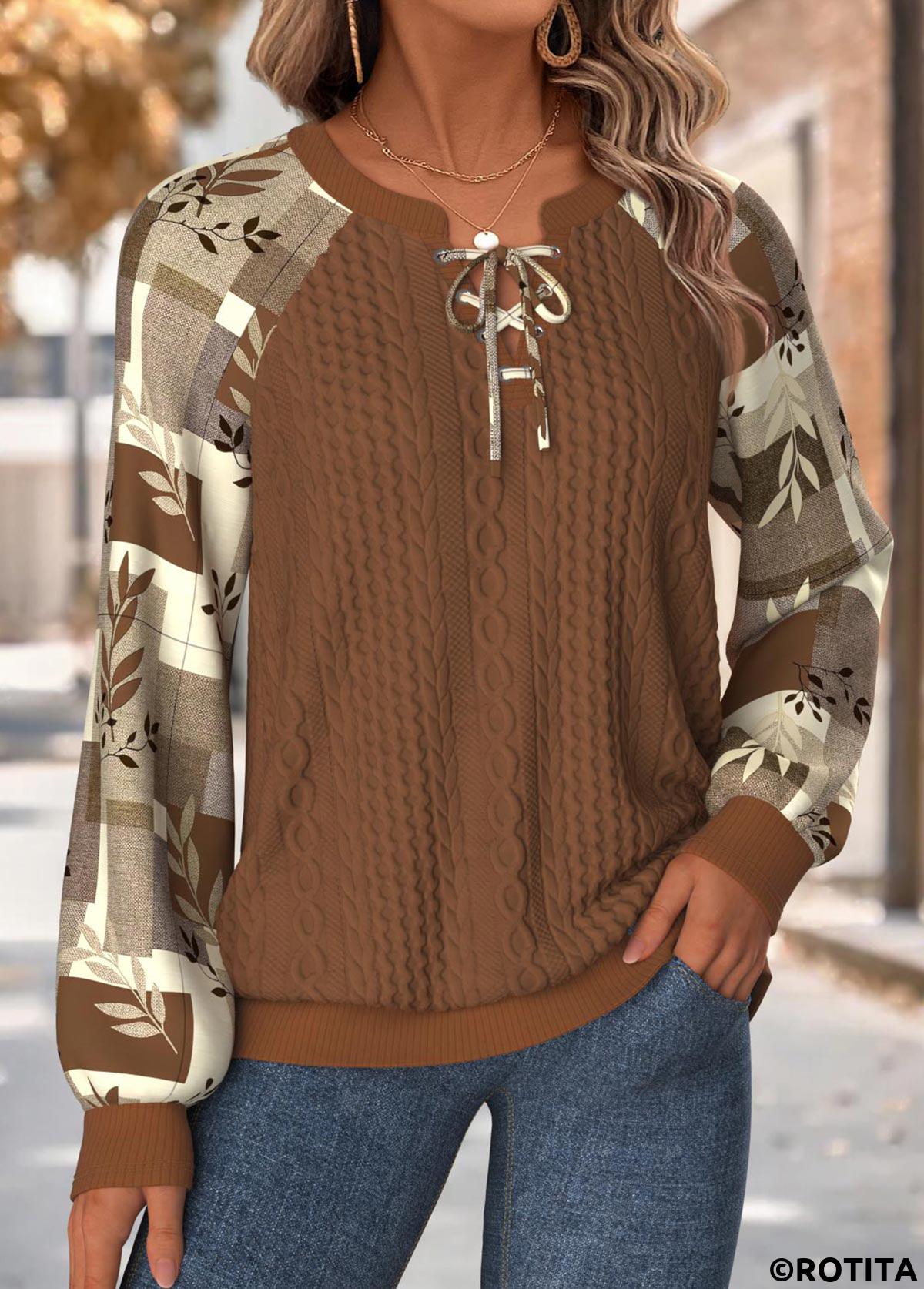 Dark Coffee tops,Plaid tops,Geometric tops,ROTITA Tummy Coverage Plaid Dark Coffee Split Neck Sweatshirt