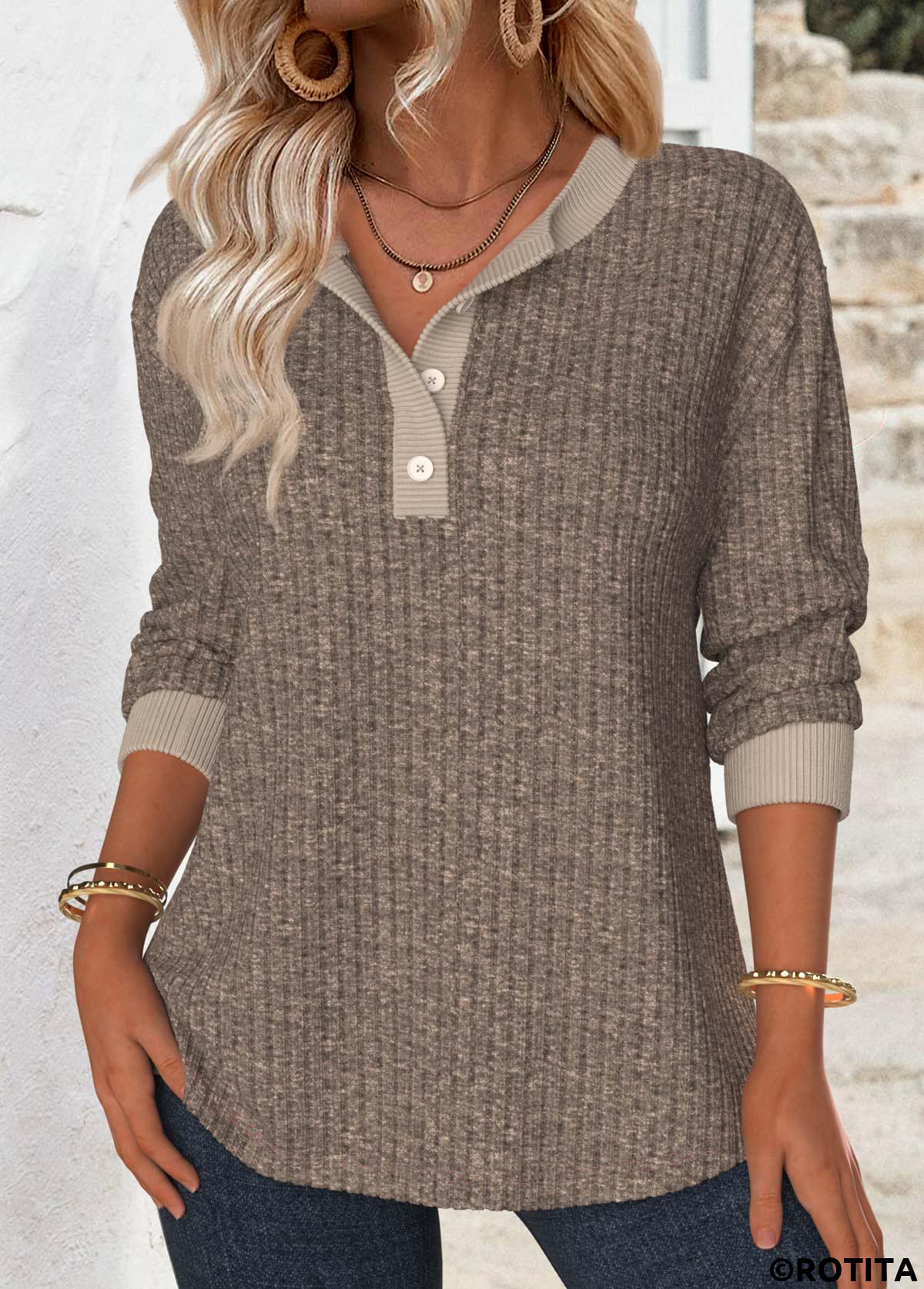 Gray Brown tops,Plain Color tops,ROTITA Tummy Coverage Gray Brown Split Neck Long Sleeve Sweatshirt
