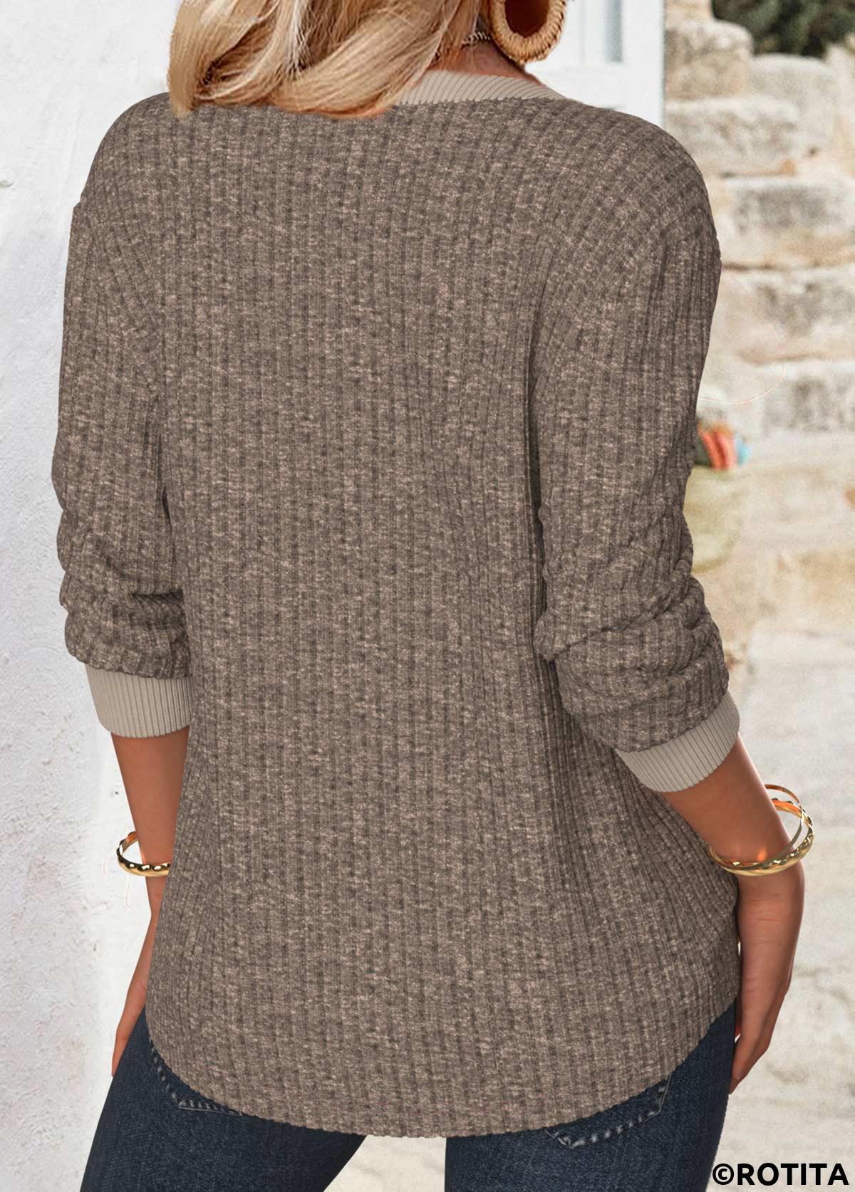 Gray Brown tops,Plain Color tops,ROTITA Tummy Coverage Gray Brown Split Neck Long Sleeve Sweatshirt