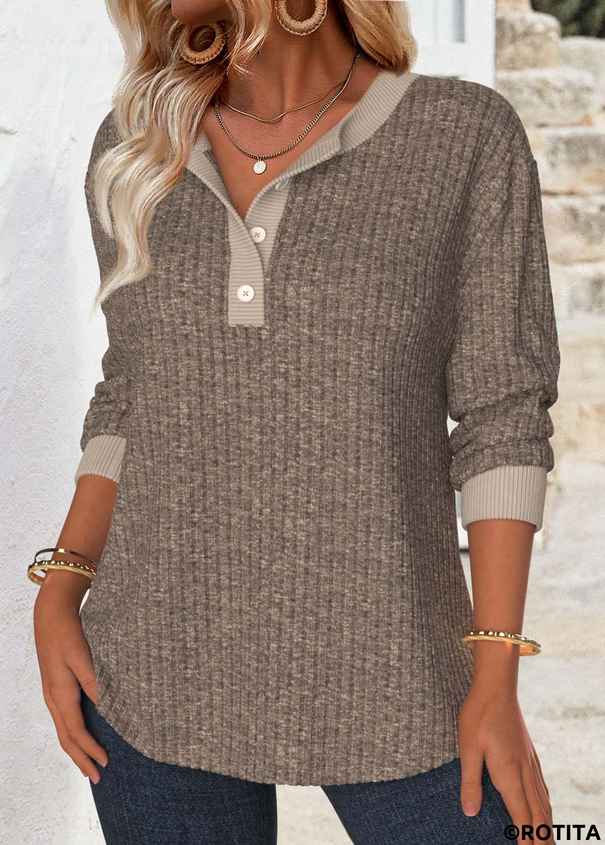 Gray Brown tops,Plain Color tops,ROTITA Tummy Coverage Gray Brown Split Neck Long Sleeve Sweatshirt