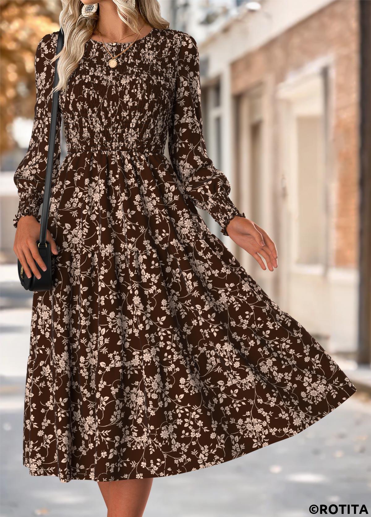 Dark Coffee dresses,Ditsy Floral dresses,Casual dresses,ROTITA Tummy Coverage Ditsy Floral Print Dark Coffee Dress