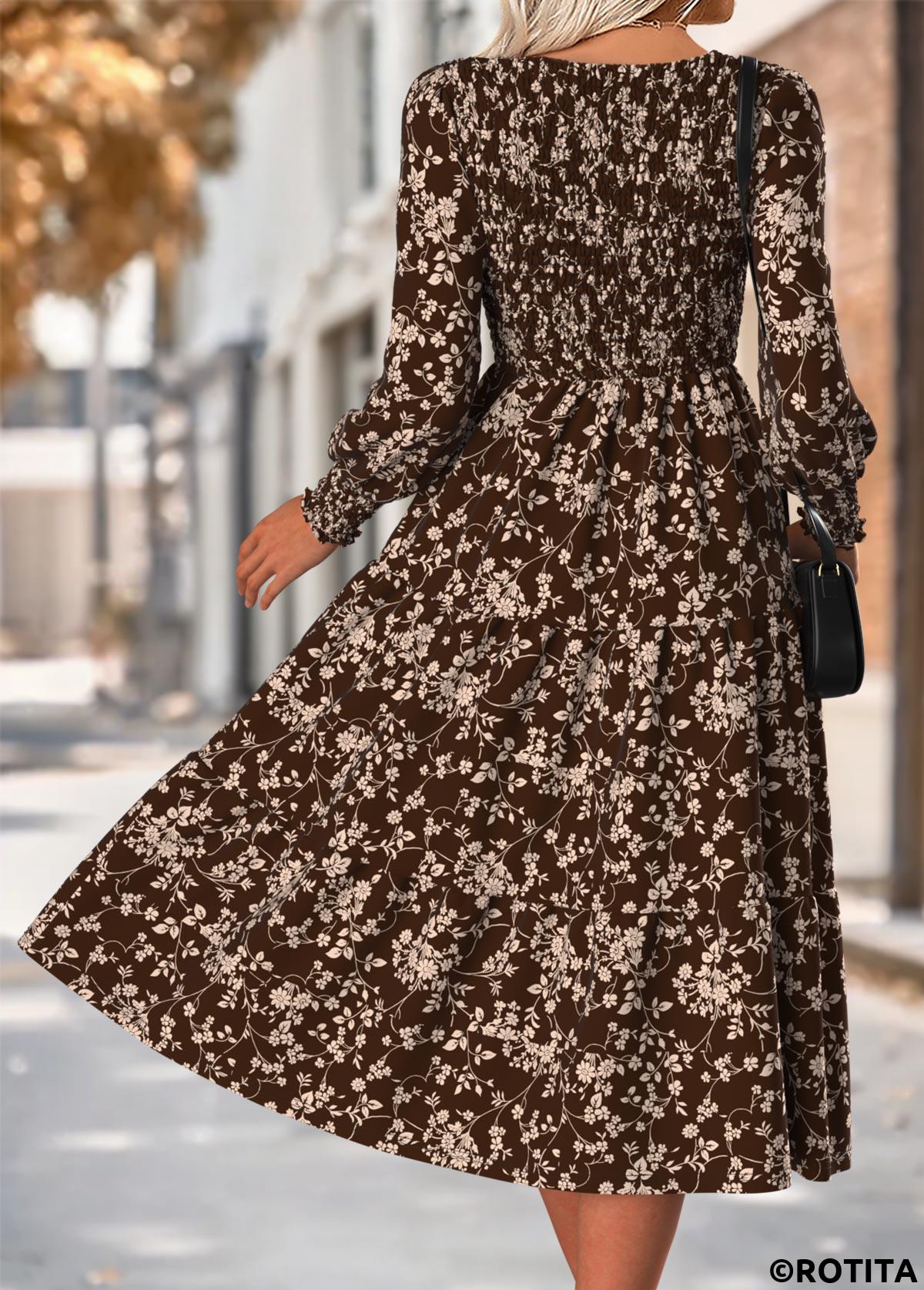 Dark Coffee dresses,Ditsy Floral dresses,Casual dresses,ROTITA Tummy Coverage Ditsy Floral Print Dark Coffee Dress