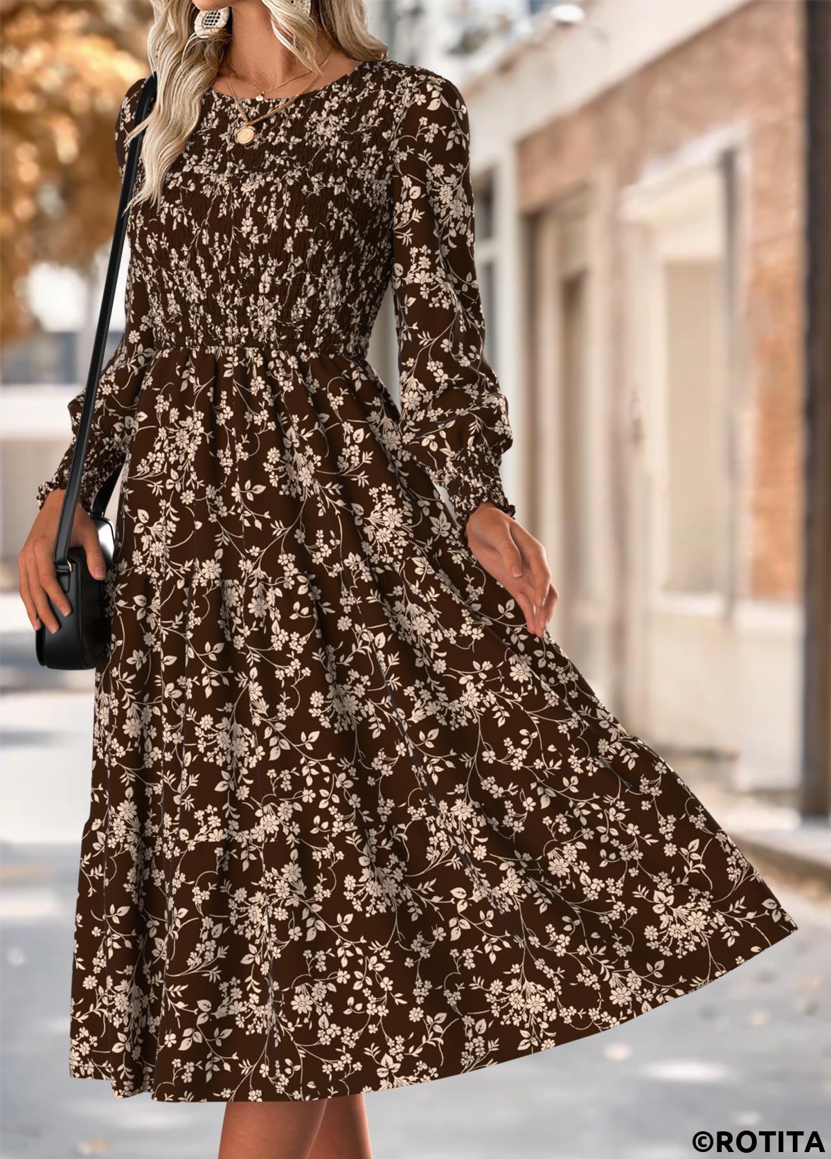 Dark Coffee dresses,Ditsy Floral dresses,Casual dresses,ROTITA Tummy Coverage Ditsy Floral Print Dark Coffee Dress