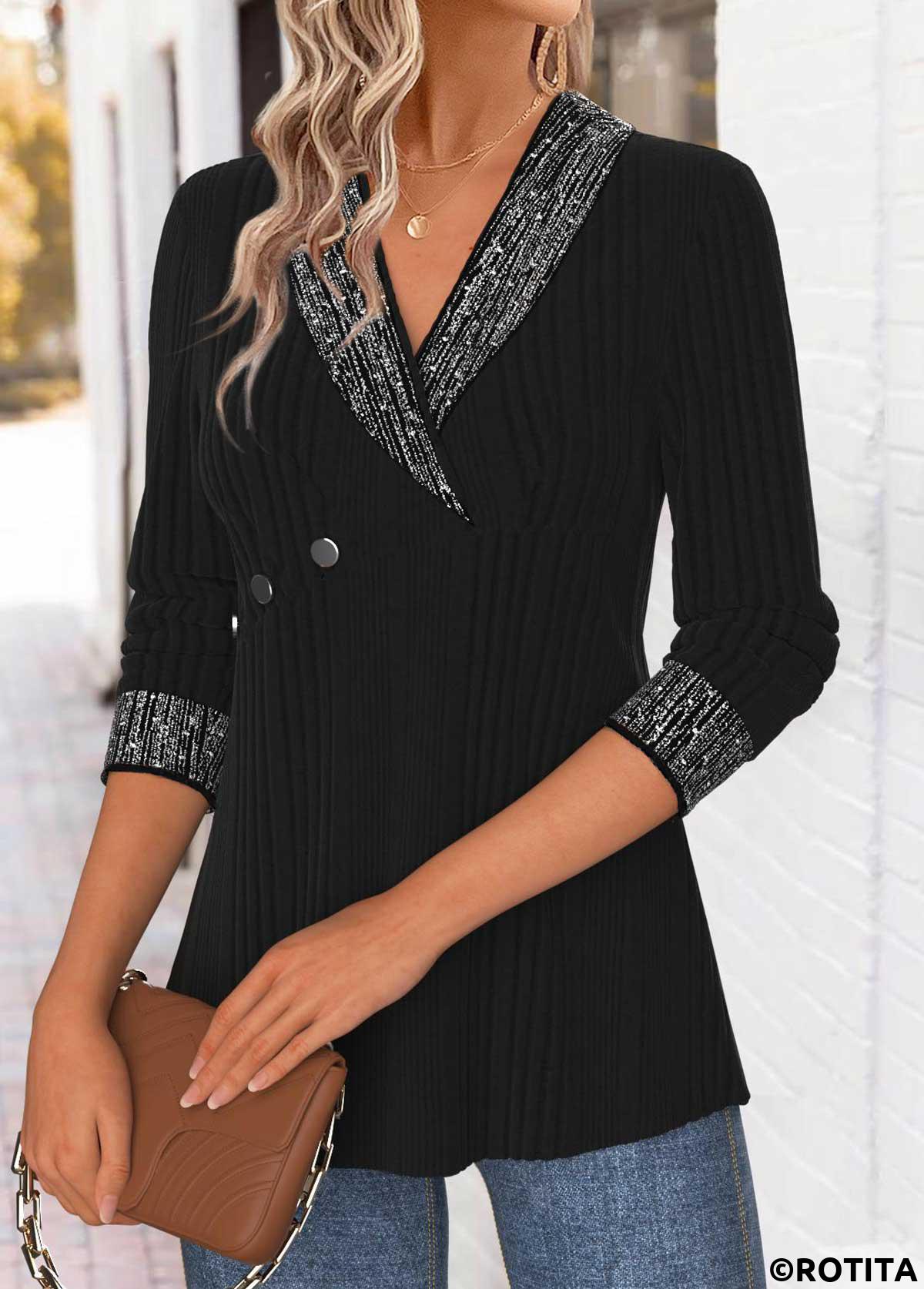 Black tops,Plain Color tops,ROTITA Tummy Control Black Turn Down Collar Long Sleeve Blouse