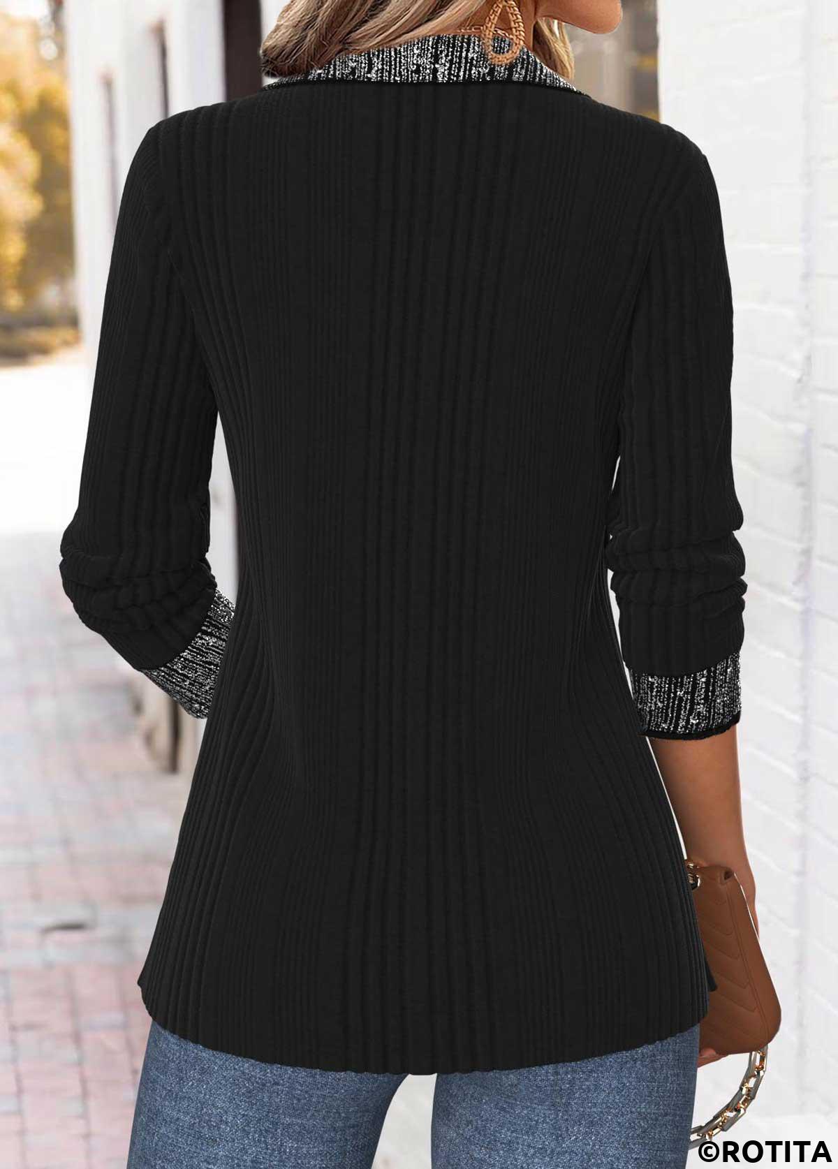 Black tops,Plain Color tops,ROTITA Tummy Control Black Turn Down Collar Long Sleeve Blouse
