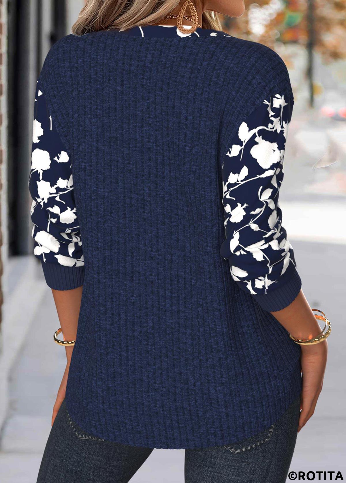 Navy tops,Floral tops,Plants tops,ROTITA Tummy Coverage Floral Print Navy Split Neck Sweatshirt