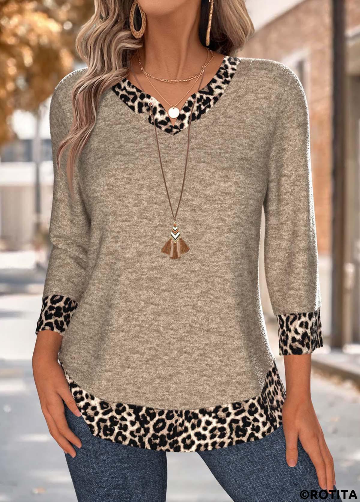 Dark Camel tops,Leopard tops,Animal Print tops,ROTITA Tummy Coverage Leopard Dark Camel V Neck T Shirt
