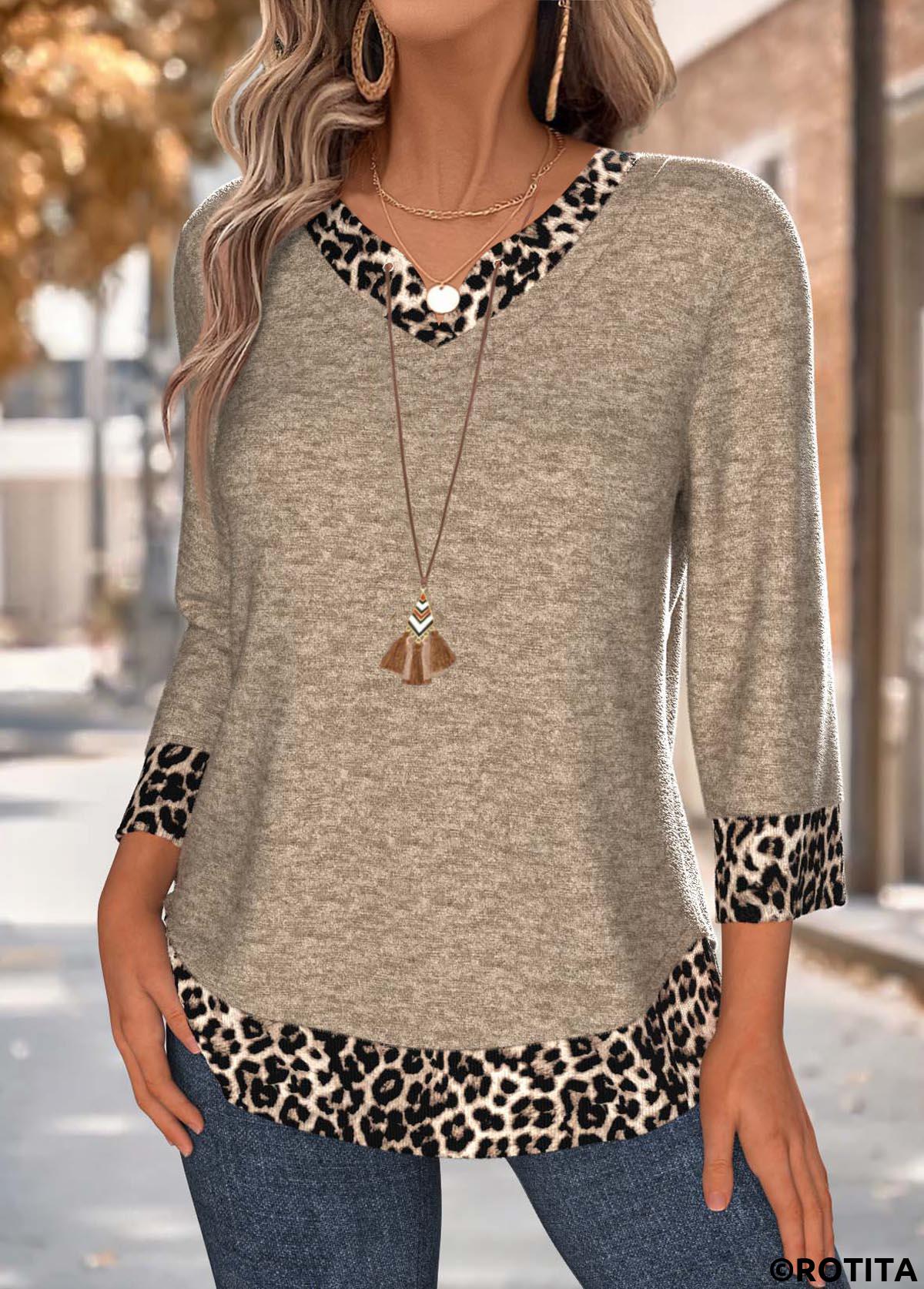 Dark Camel tops,Leopard tops,Animal Print tops,ROTITA Tummy Coverage Leopard Dark Camel V Neck T Shirt