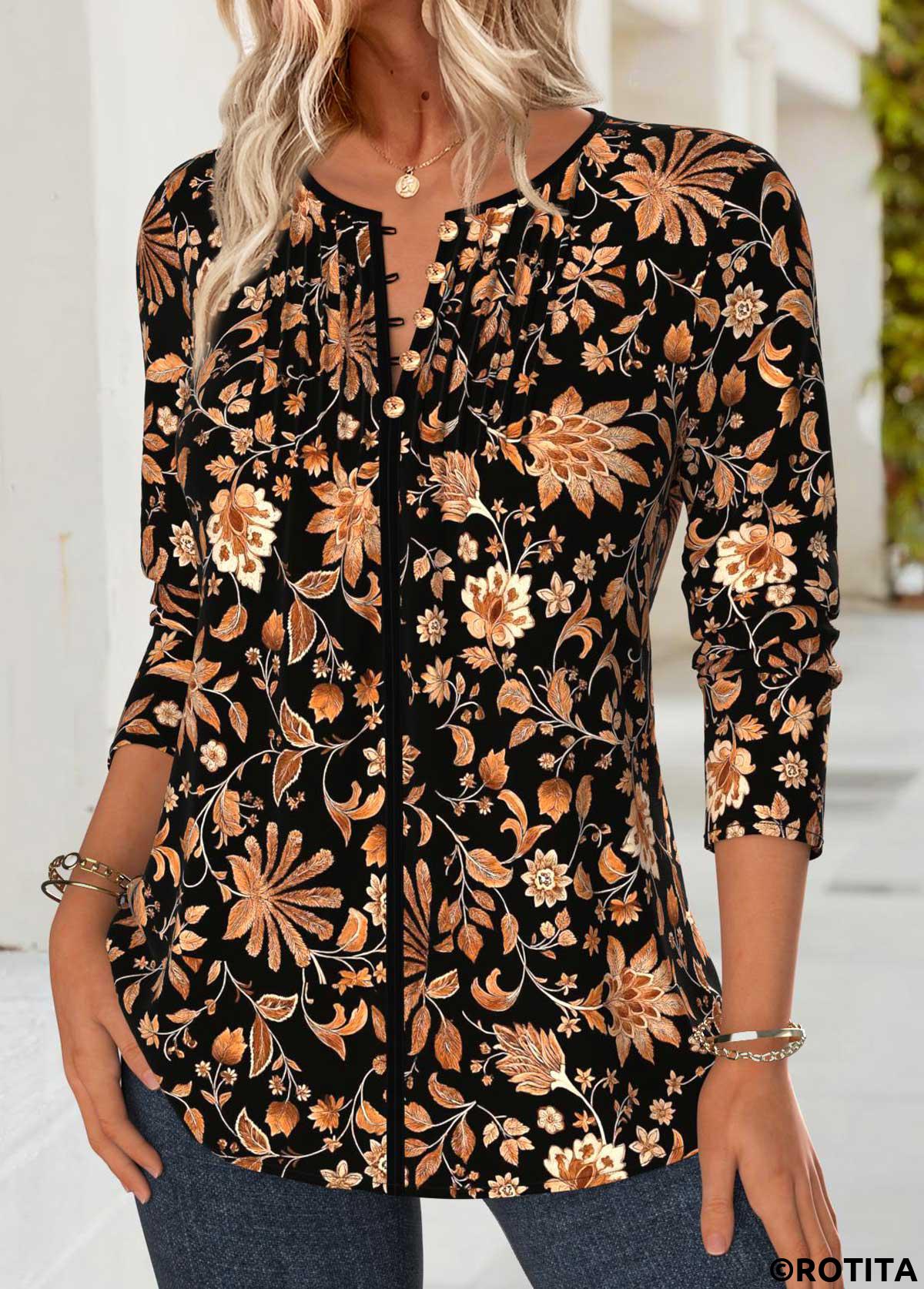 Black tops,Tribal tops,ROTITA Tummy Coverage Tribal Print Black Split Neck Blouse