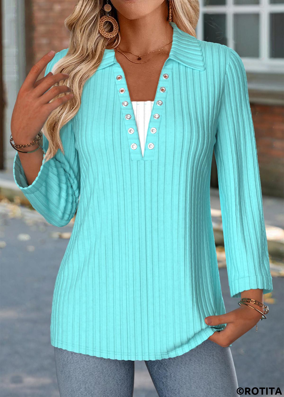 Cyan tops,Plain Color tops,ROTITA Fake 2in1 Cyan Turn Down Collar Long Sleeve Blouse