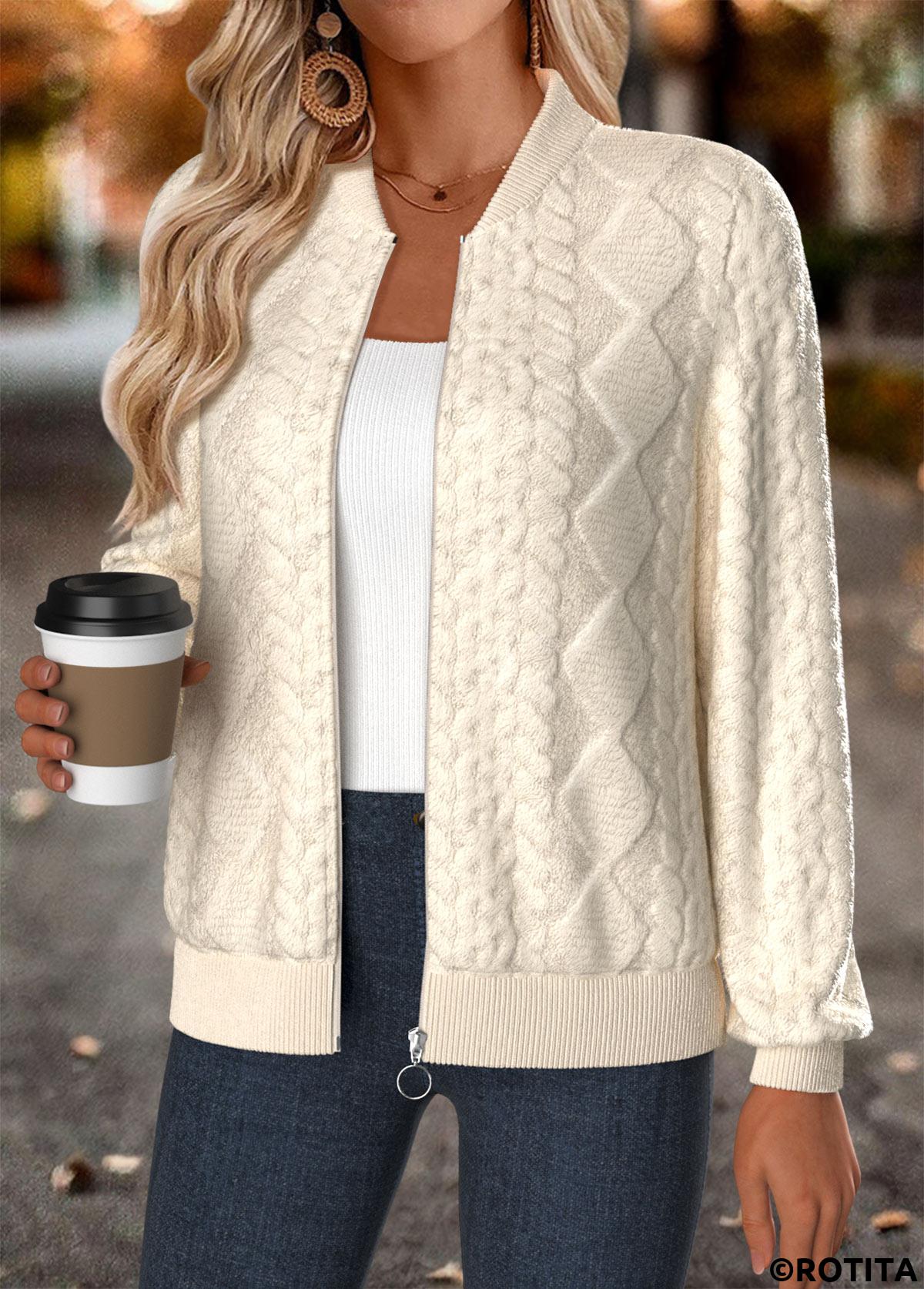 Beige tops,Plain Color tops,ROTITA Tummy Coverage Beige Stand Collar Long Sleeve Jacket