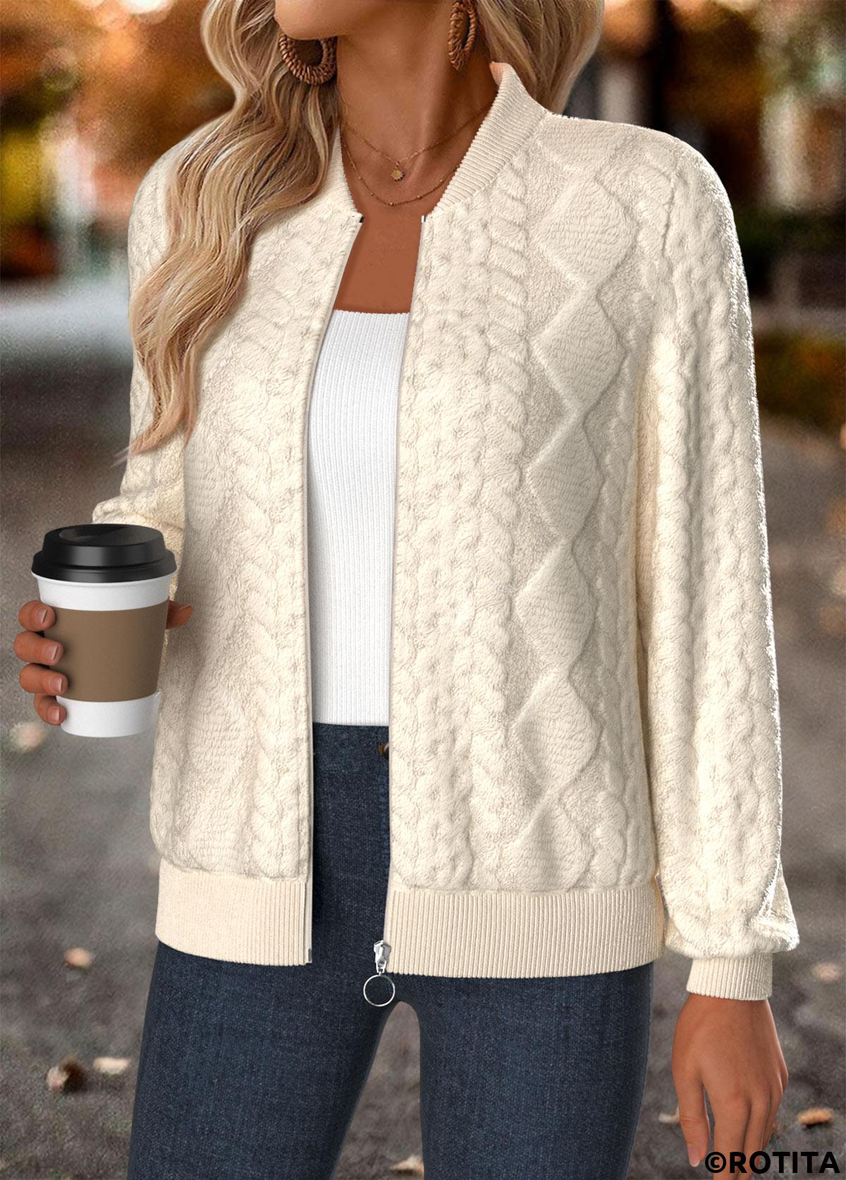 Beige tops,Plain Color tops,ROTITA Tummy Coverage Beige Stand Collar Long Sleeve Jacket