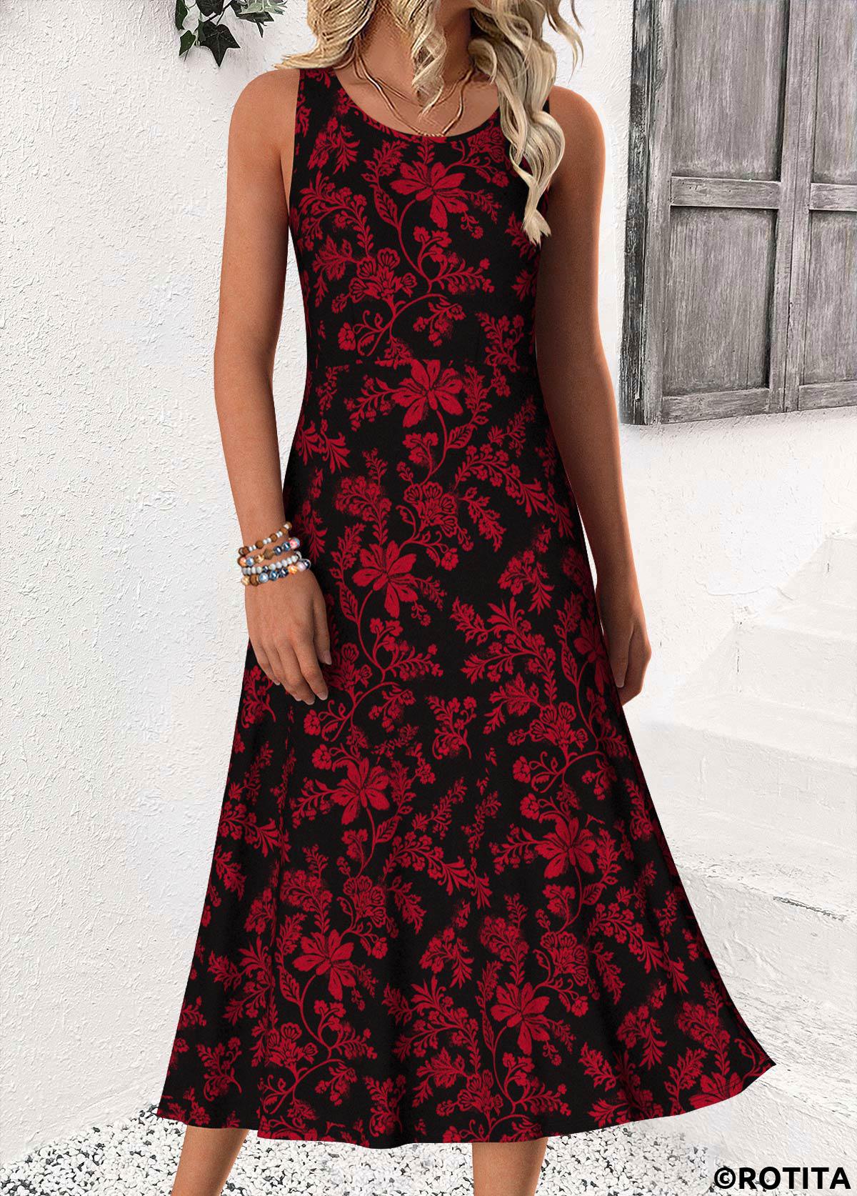 Wine Red dresses,Floral dresses,Plants dresses,Casual dresses,ROTITA Tummy Coverage Floral Print Wine Red Round Neck Dress