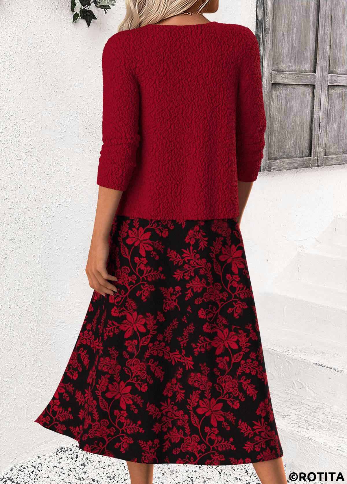 Wine Red dresses,Floral dresses,Plants dresses,Casual dresses,ROTITA Tummy Coverage Floral Print Wine Red Round Neck Dress