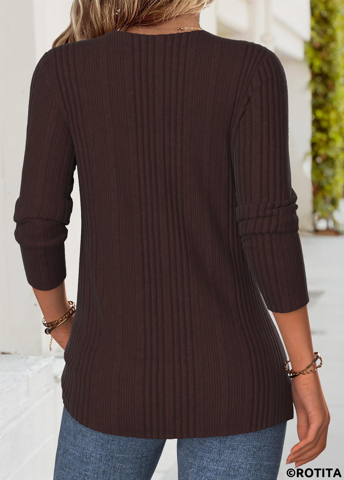 Dark Coffee tops,Floral tops,Plants tops,ROTITA Patchwork Floral Print Dark Coffee Draped Neck T Shirt