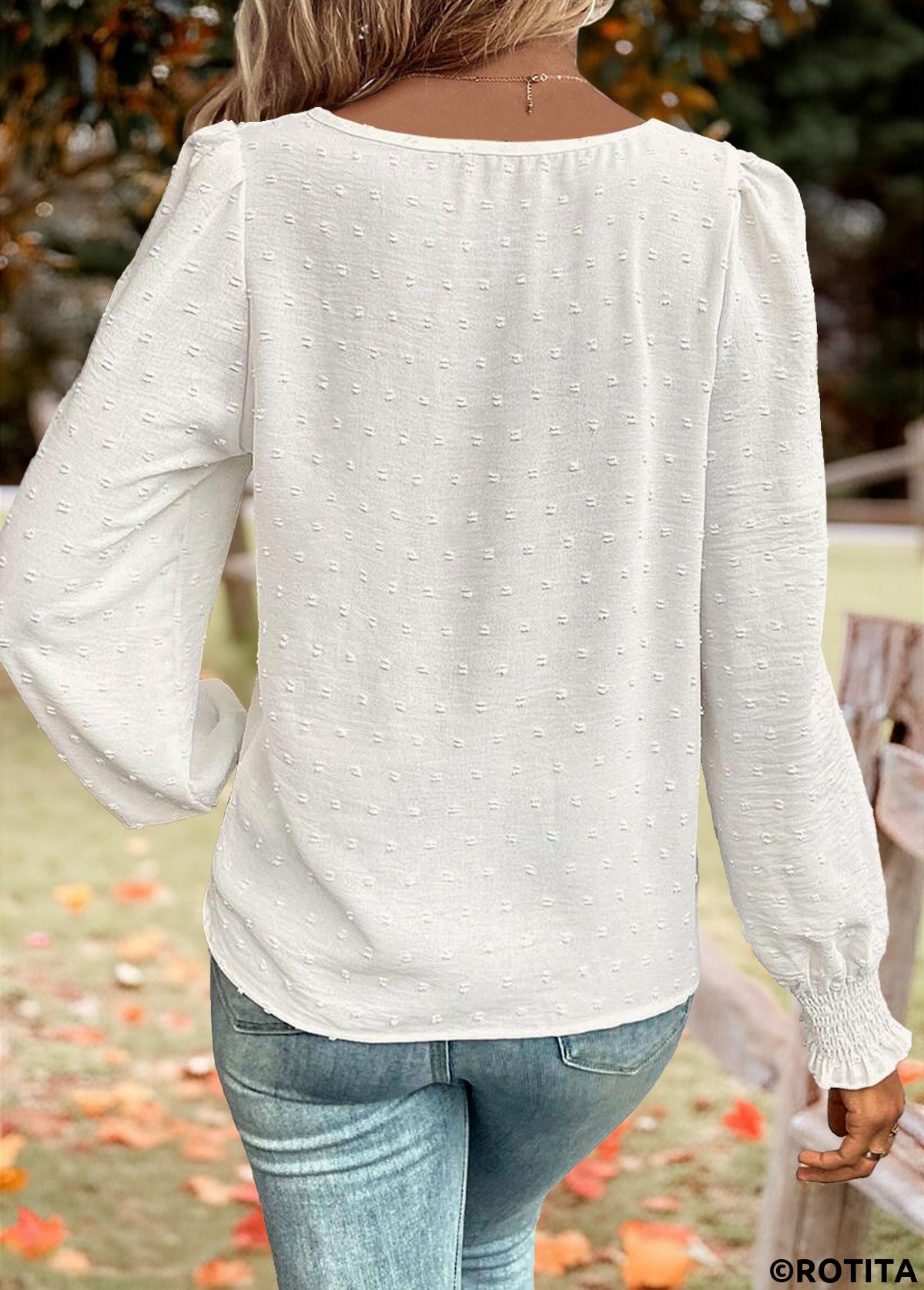 White tops,Plain Color tops,ROTITA Tummy Coverage White Round Neck Long Sleeve Blouse