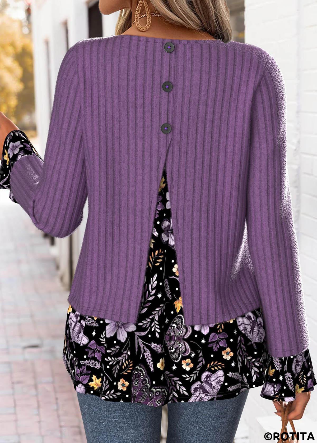 Dusty Purple tops,Floral tops,Plants tops,ROTITA Tummy Coverage Floral Print Dusty Purple T Shirt