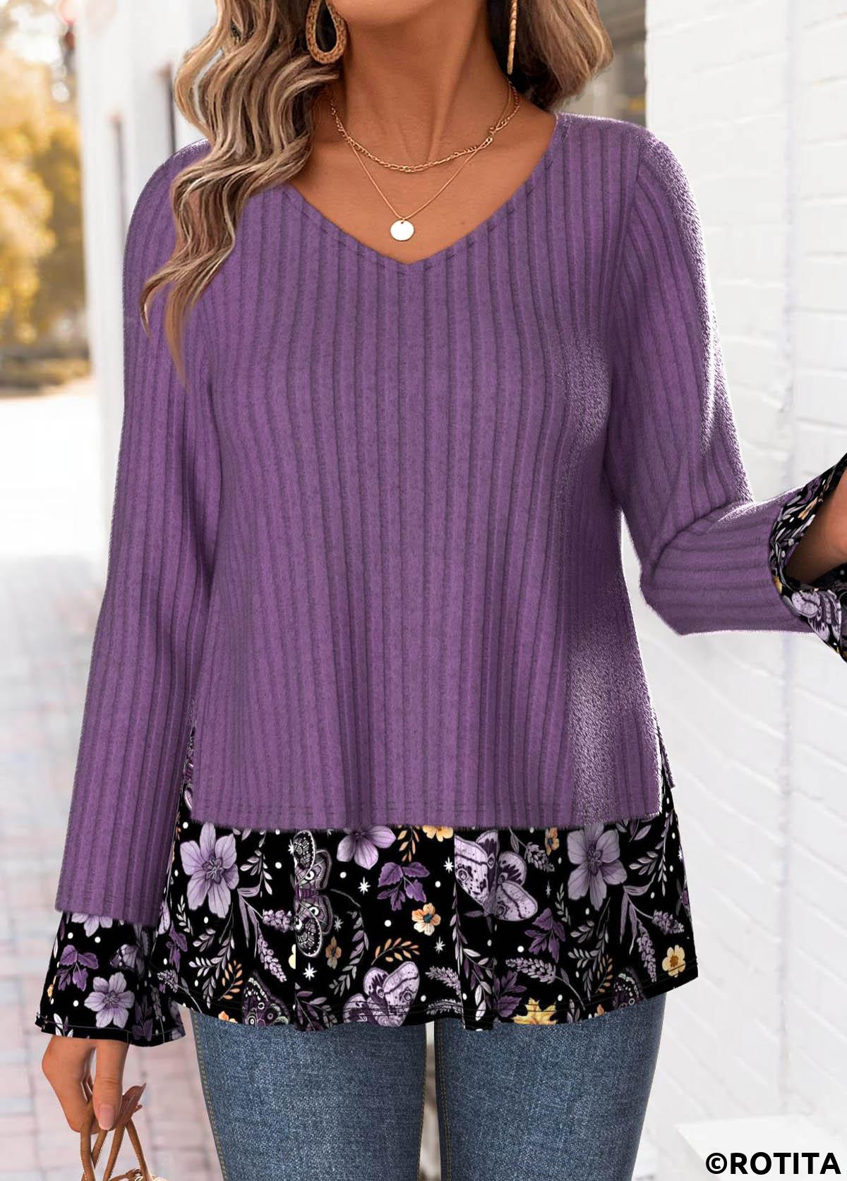 Dusty Purple tops,Floral tops,Plants tops,ROTITA Tummy Coverage Floral Print Dusty Purple T Shirt