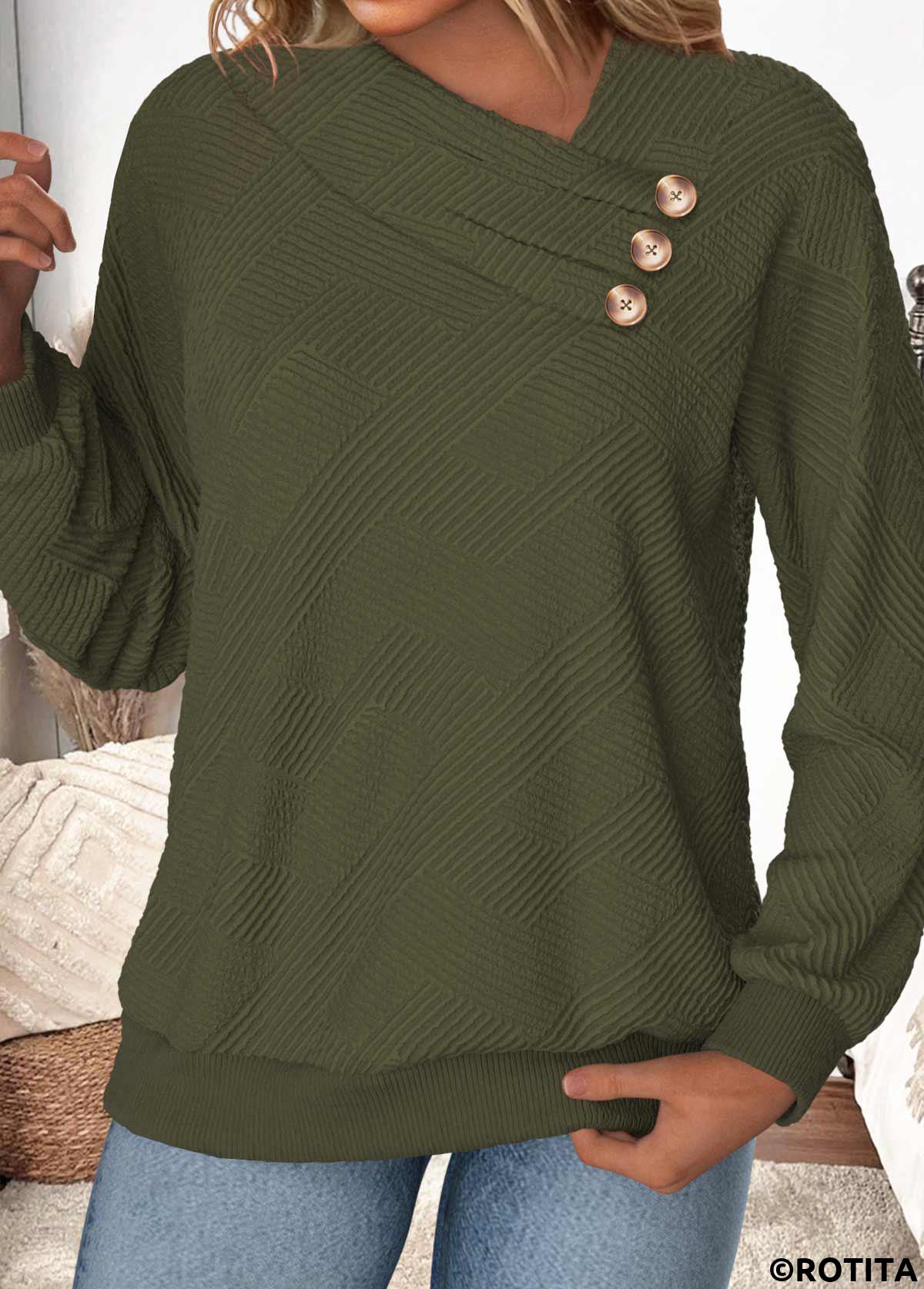 Olive Green tops,Plain Color tops,ROTITA Button Olive Green Asymmetrical Neck Long Sleeve Sweatshirt