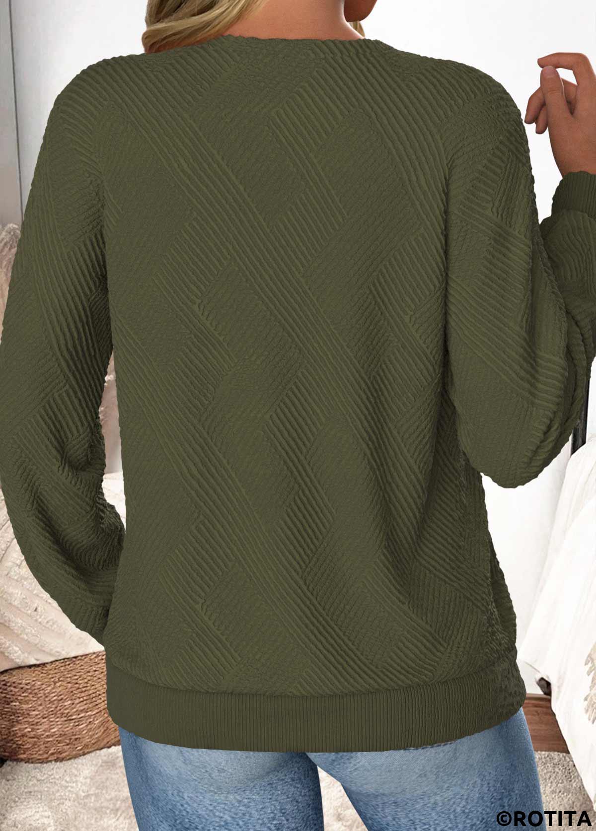 Olive Green tops,Plain Color tops,ROTITA Button Olive Green Asymmetrical Neck Long Sleeve Sweatshirt