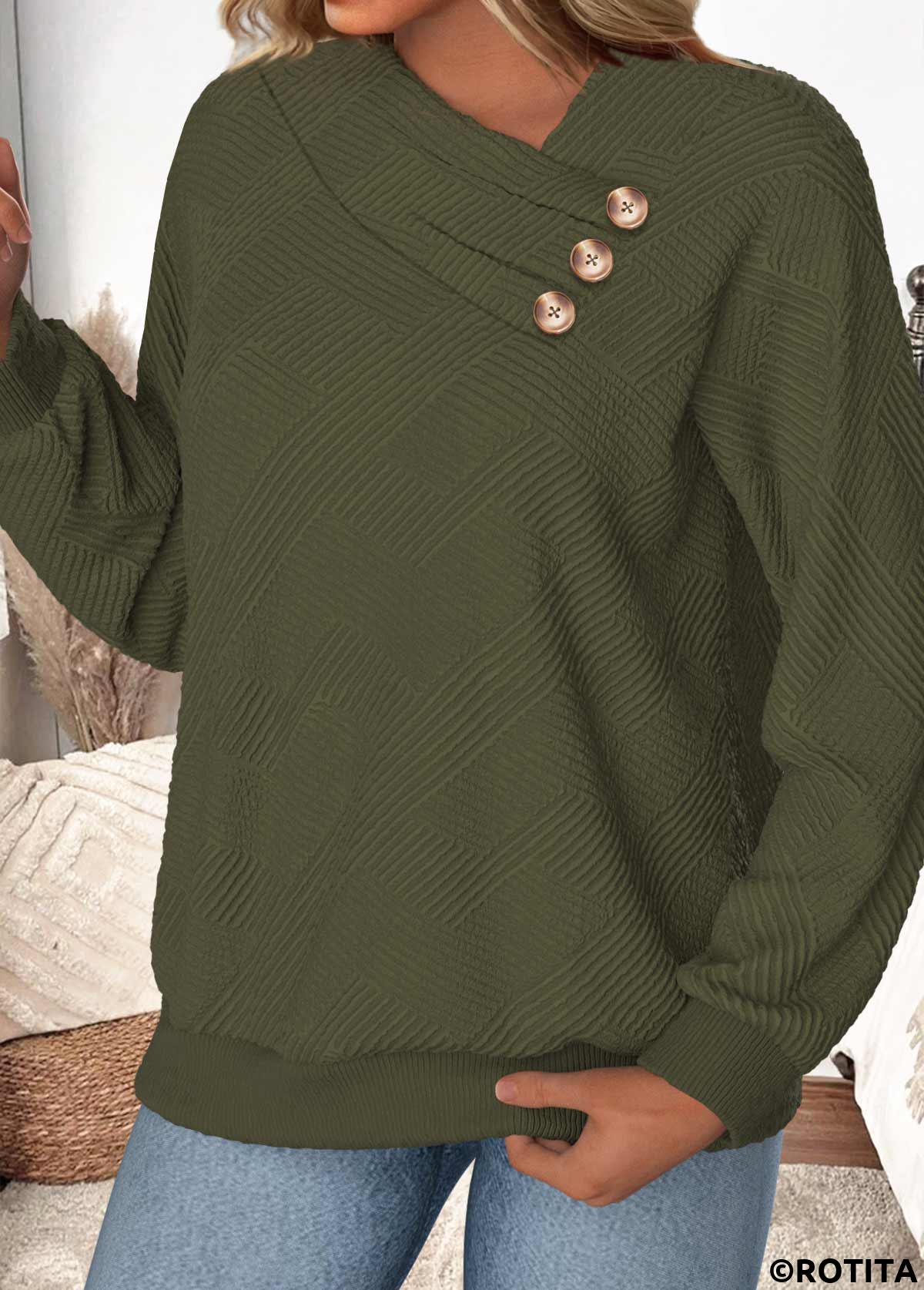 Olive Green tops,Plain Color tops,ROTITA Button Olive Green Asymmetrical Neck Long Sleeve Sweatshirt