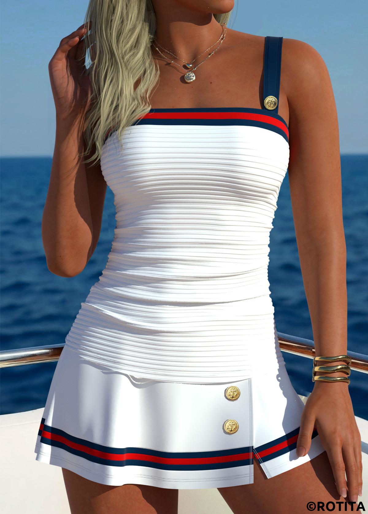 White swimwear,Striped swimwear,Geometric swimwear,ROTITA Contrast Piping White Striped High Waisted Tankini Set